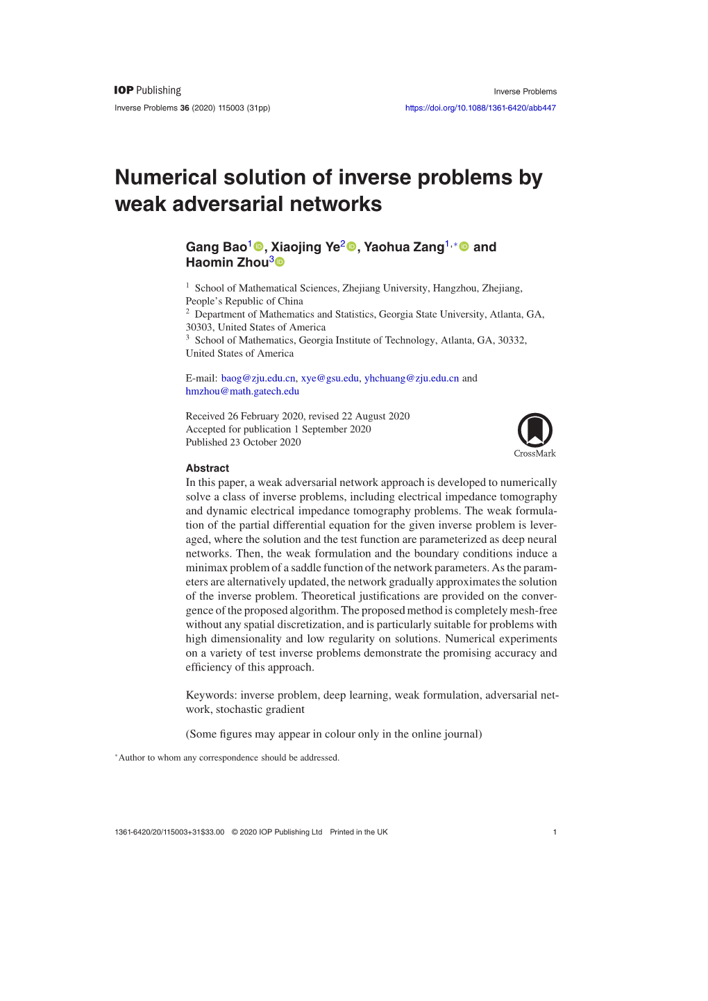 Numerical Solution of Inverse Problems by Weak Adversarial Networks