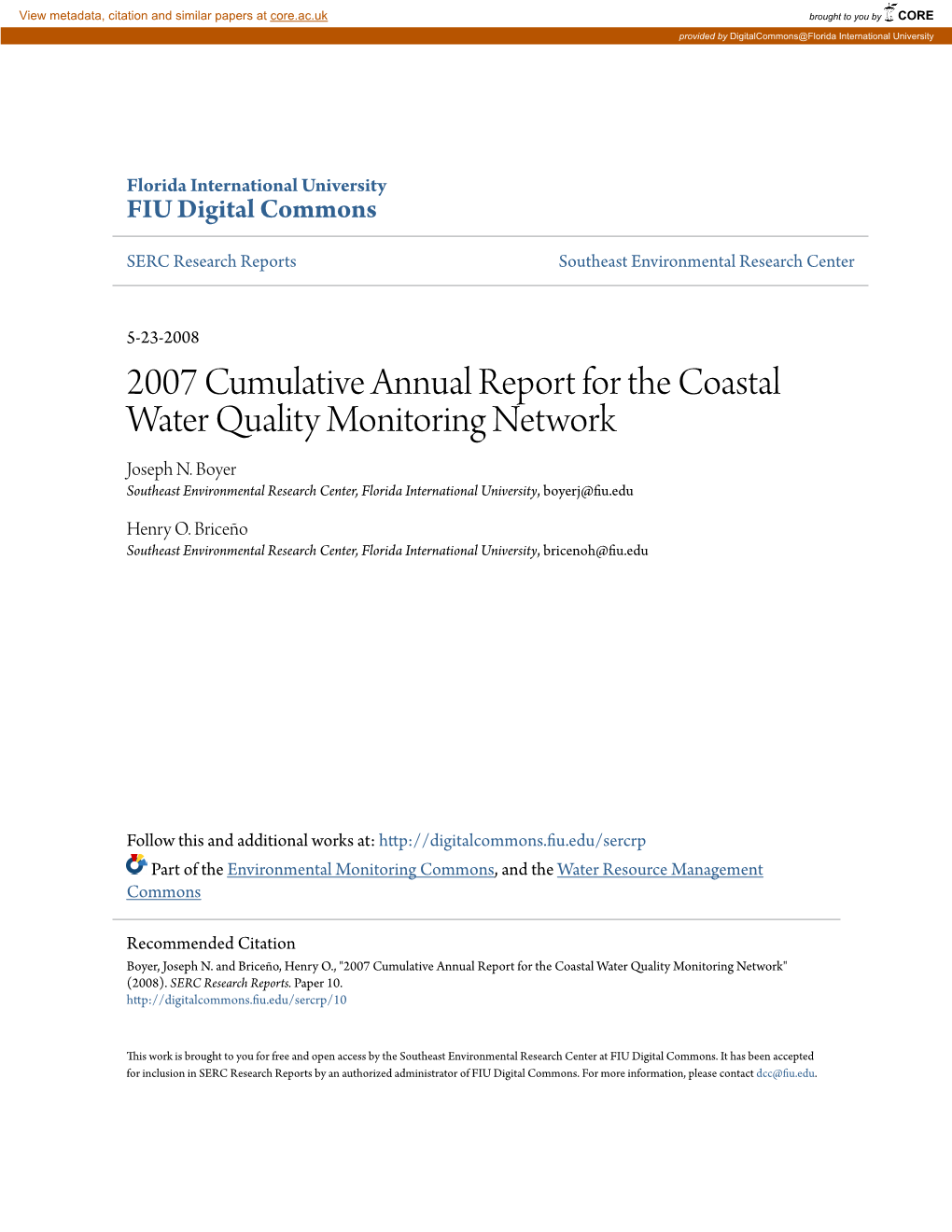 2007 Cumulative Annual Report for the Coastal Water Quality Monitoring Network Joseph N