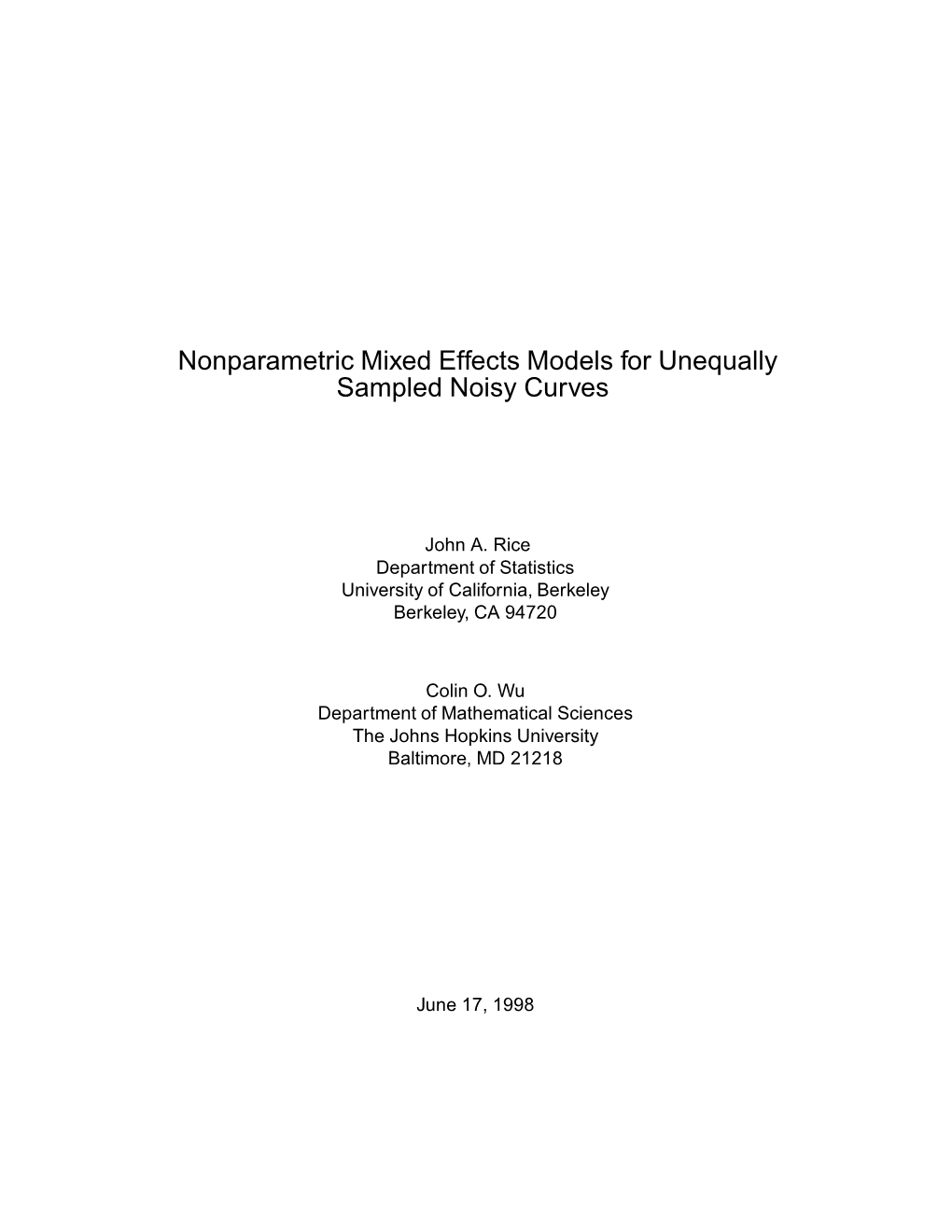 Nonparametric Mixed Effects Models for Unequally Sampled Noisy Curves