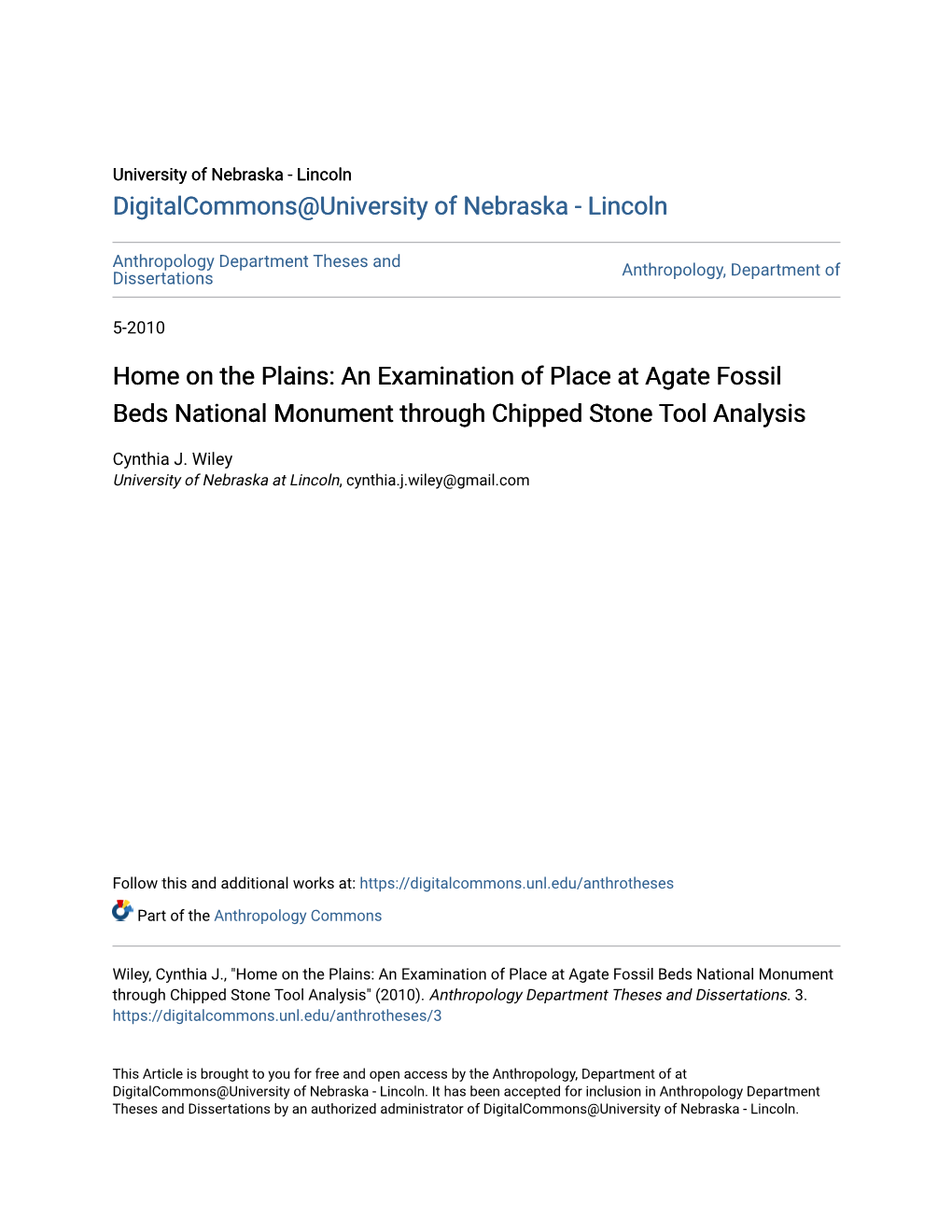 An Examination of Place at Agate Fossil Beds National Monument Through Chipped Stone Tool Analysis