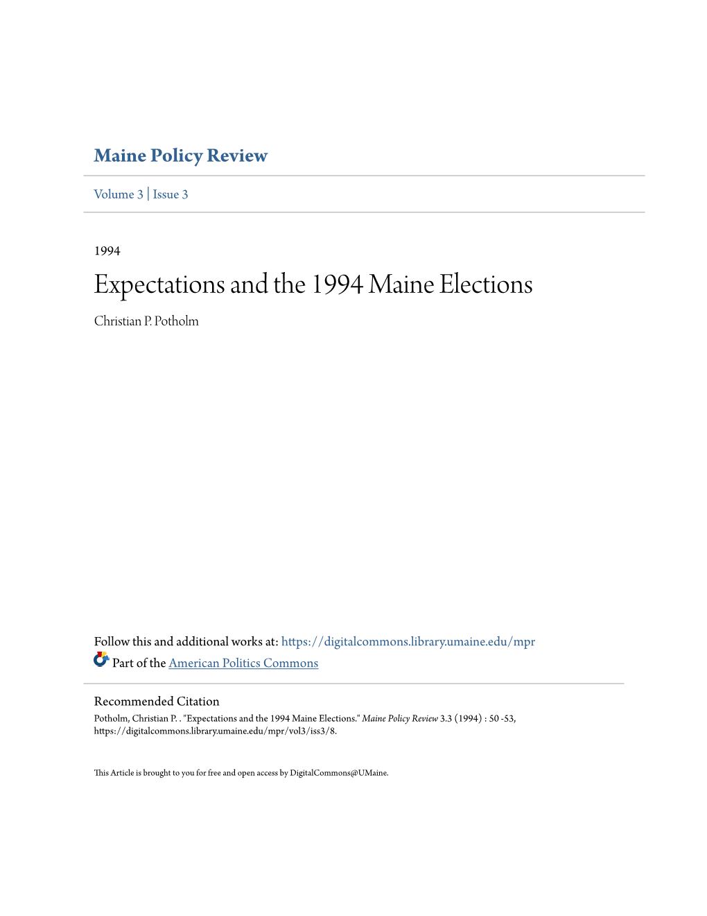 Expectations and the 1994 Maine Elections Christian P