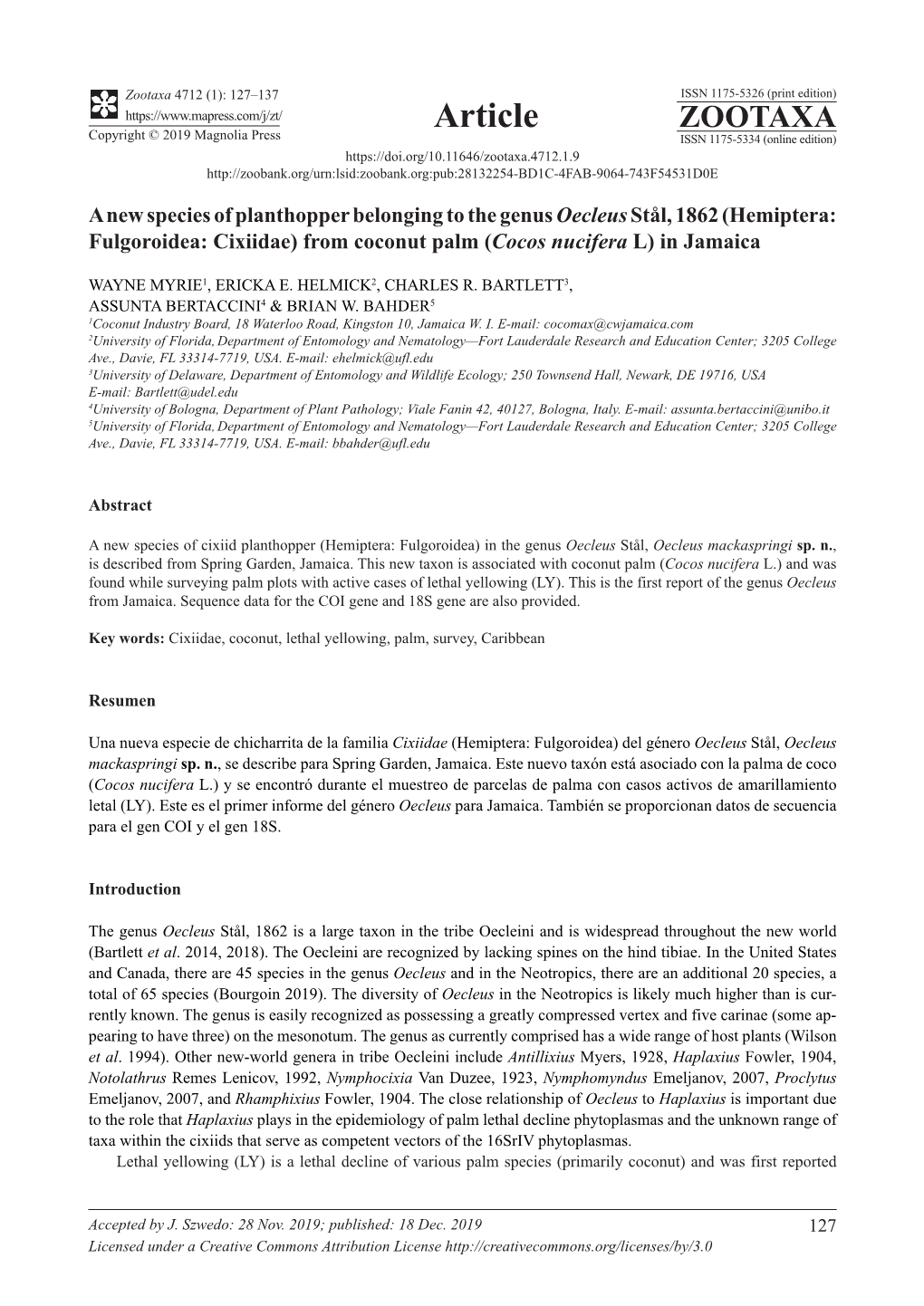 A New Species of Planthopper Belonging to the Genus Oecleus Stål, 1862 (Hemiptera: Fulgoroidea: Cixiidae) from Coconut Palm (Cocos Nucifera L) in Jamaica