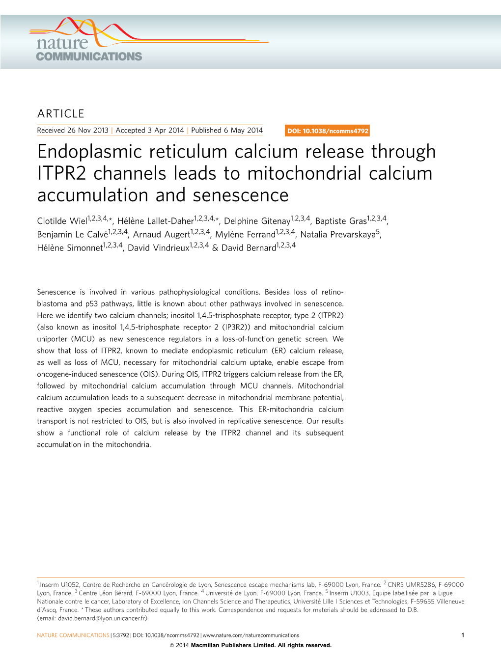 Endoplasmic Reticulum Calcium Release Through ITPR2 Channels Leads to Mitochondrial Calcium Accumulation and Senescence