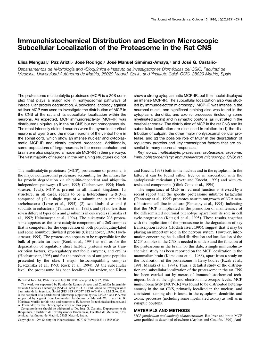 Immunohistochemical Distribution and Electron Microscopic Subcellular Localization of the Proteasome in the Rat CNS