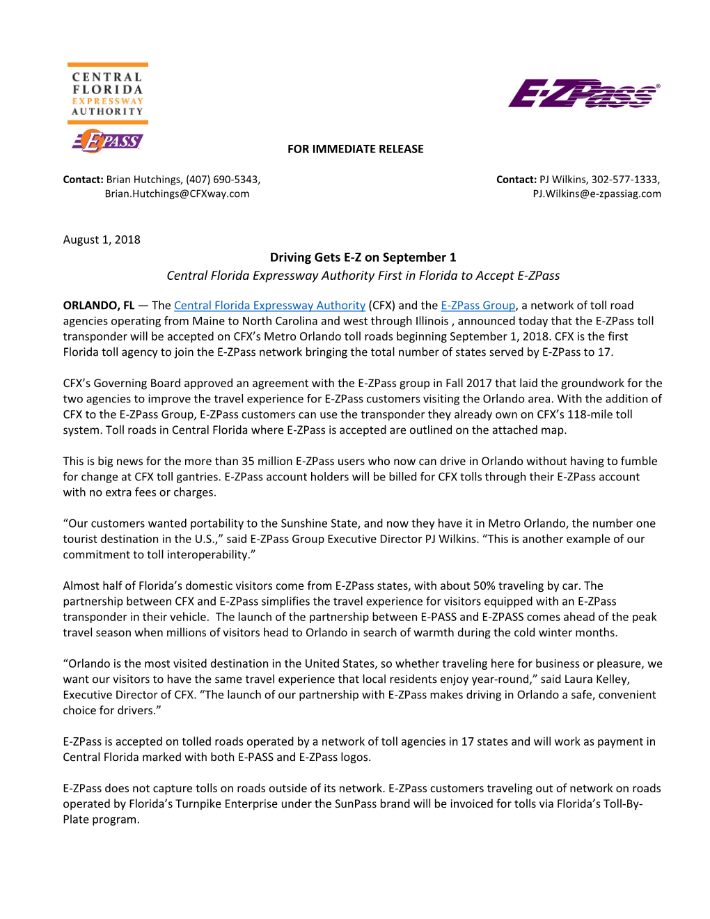Driving Gets E-Z on September 1 Central Florida Expressway Authority First in Florida to Accept E-Zpass