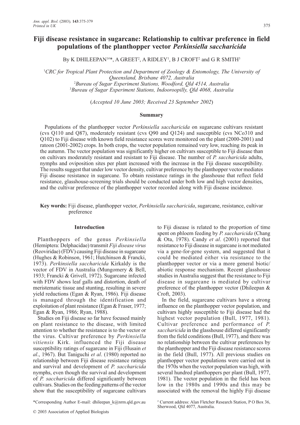 Fiji Disease Resistance in Sugarcane: Relationship to Cultivar Preference in Field Populations of the Planthopper Vector Perkinsiella Saccharicida