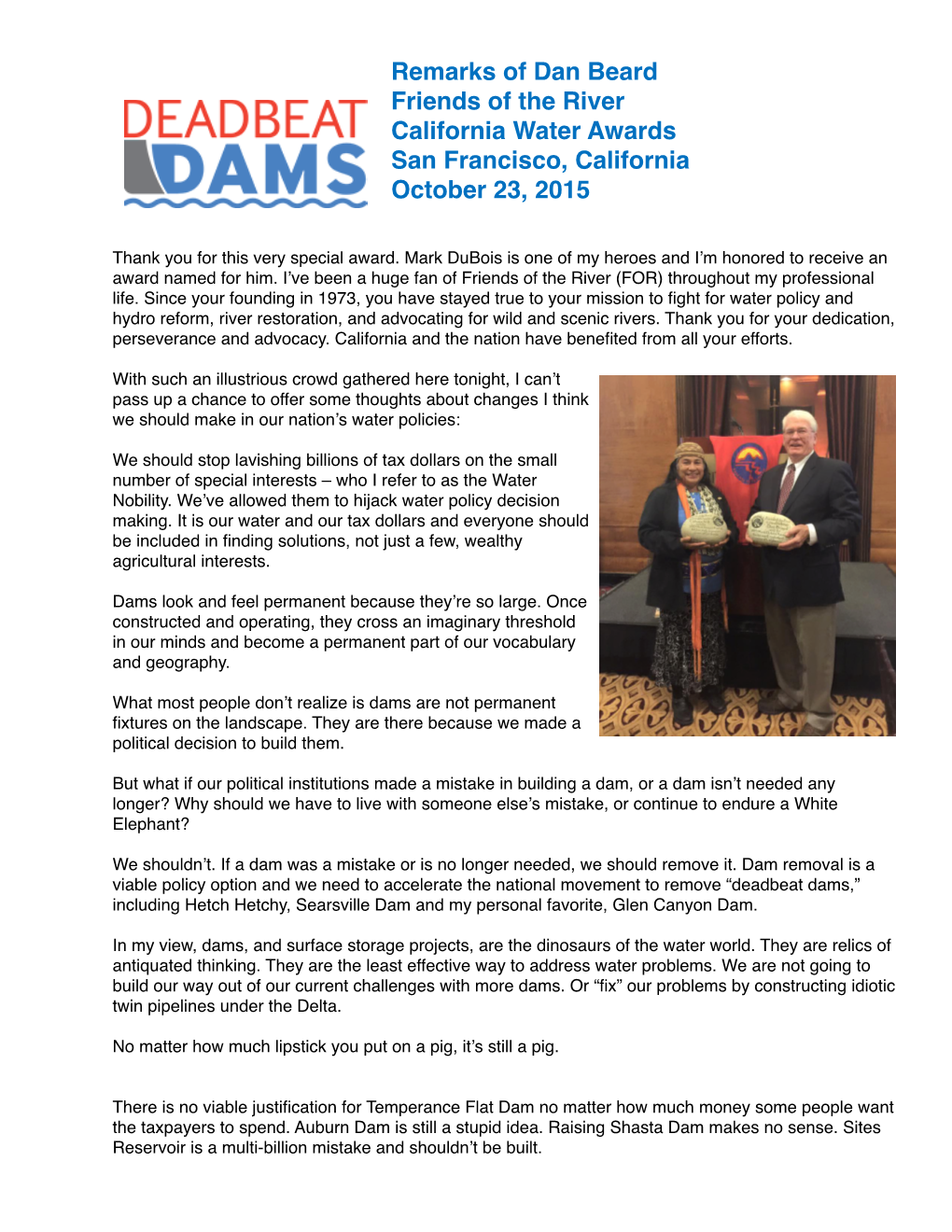 Remarks of Dan Beard Friends of the River California Water Awards San Francisco, California October 23, 2015