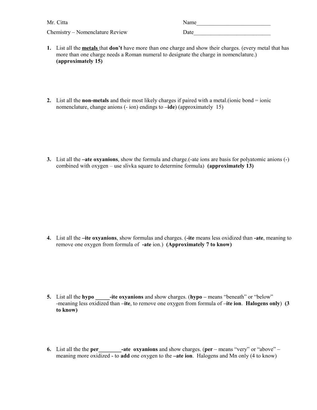 1. List All the Metals That Don T Have More Than One Charge and Show Their Charges. (Every