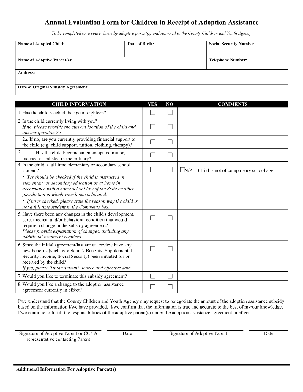 Annual Evaluation Form for Children in Receipt of Adoption Assistance