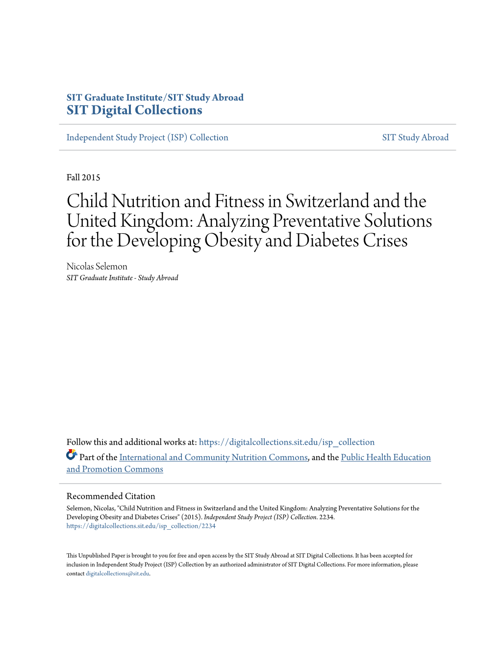 Child Nutrition and Fitness in Switzerland and the United Kingdom