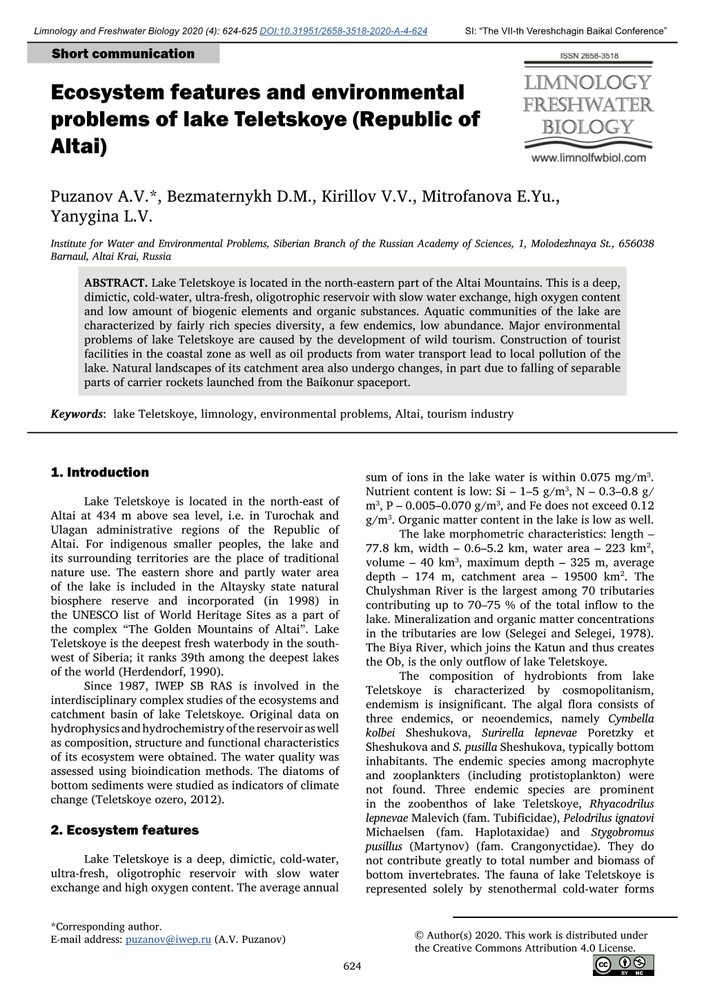 Ecosystem Features and Environmental Problems of Lake Teletskoye (Republic of Altai)