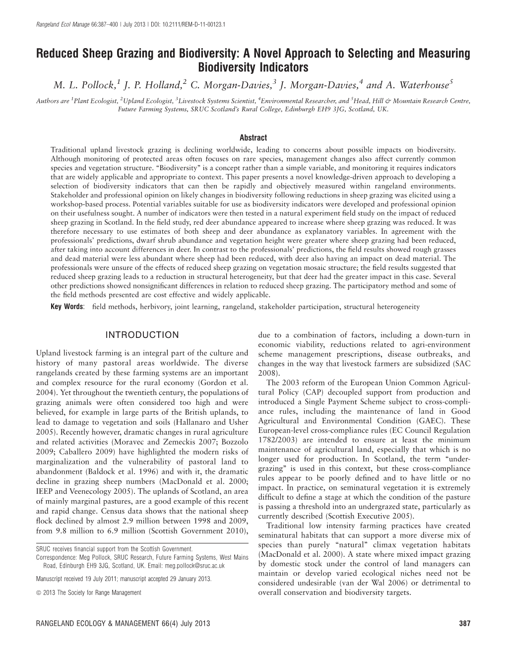 Reduced Sheep Grazing and Biodiversity: a Novel Approach to Selecting and Measuring Biodiversity Indicators M