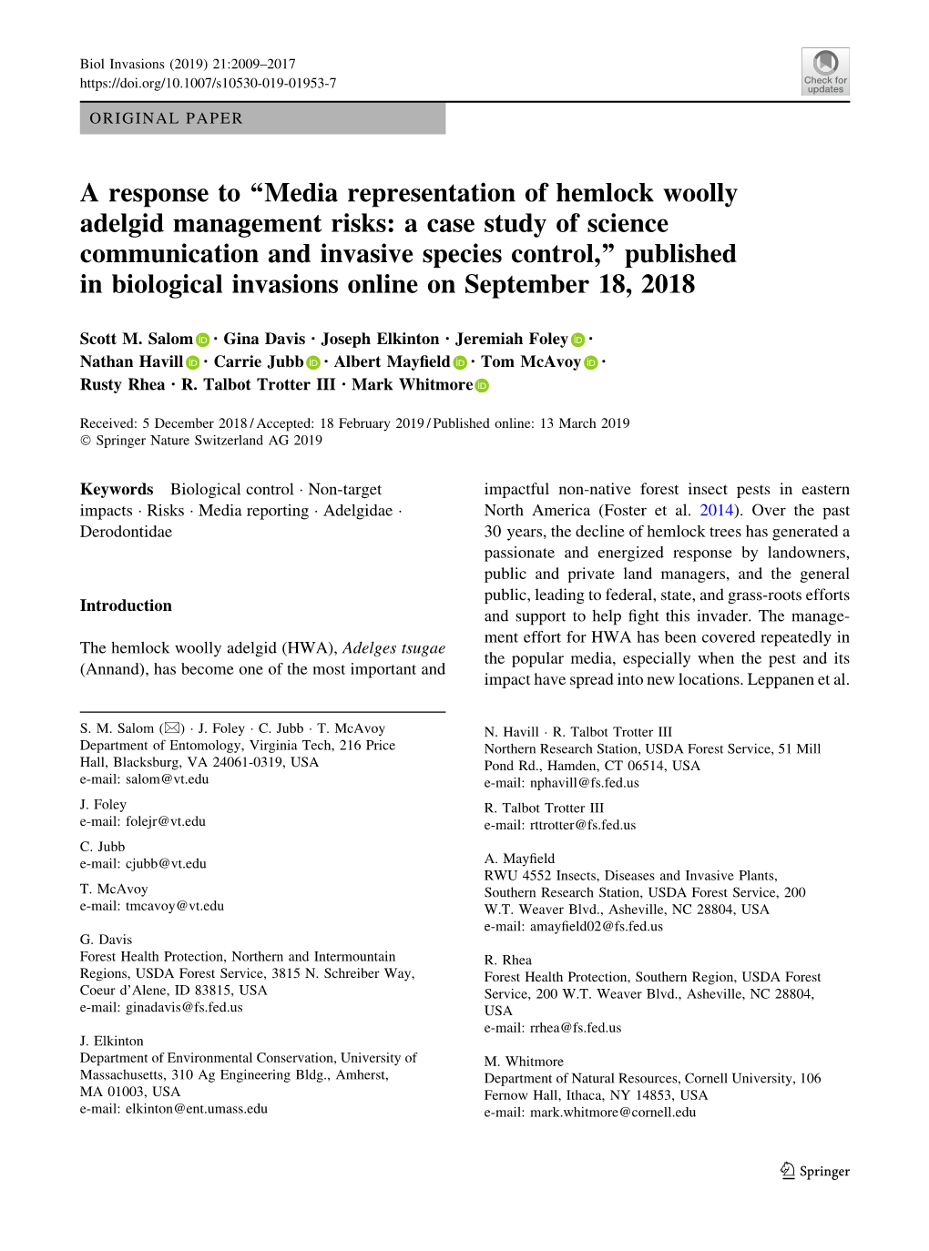 Media Representation of Hemlock Woolly Adelgid Management Risks: A