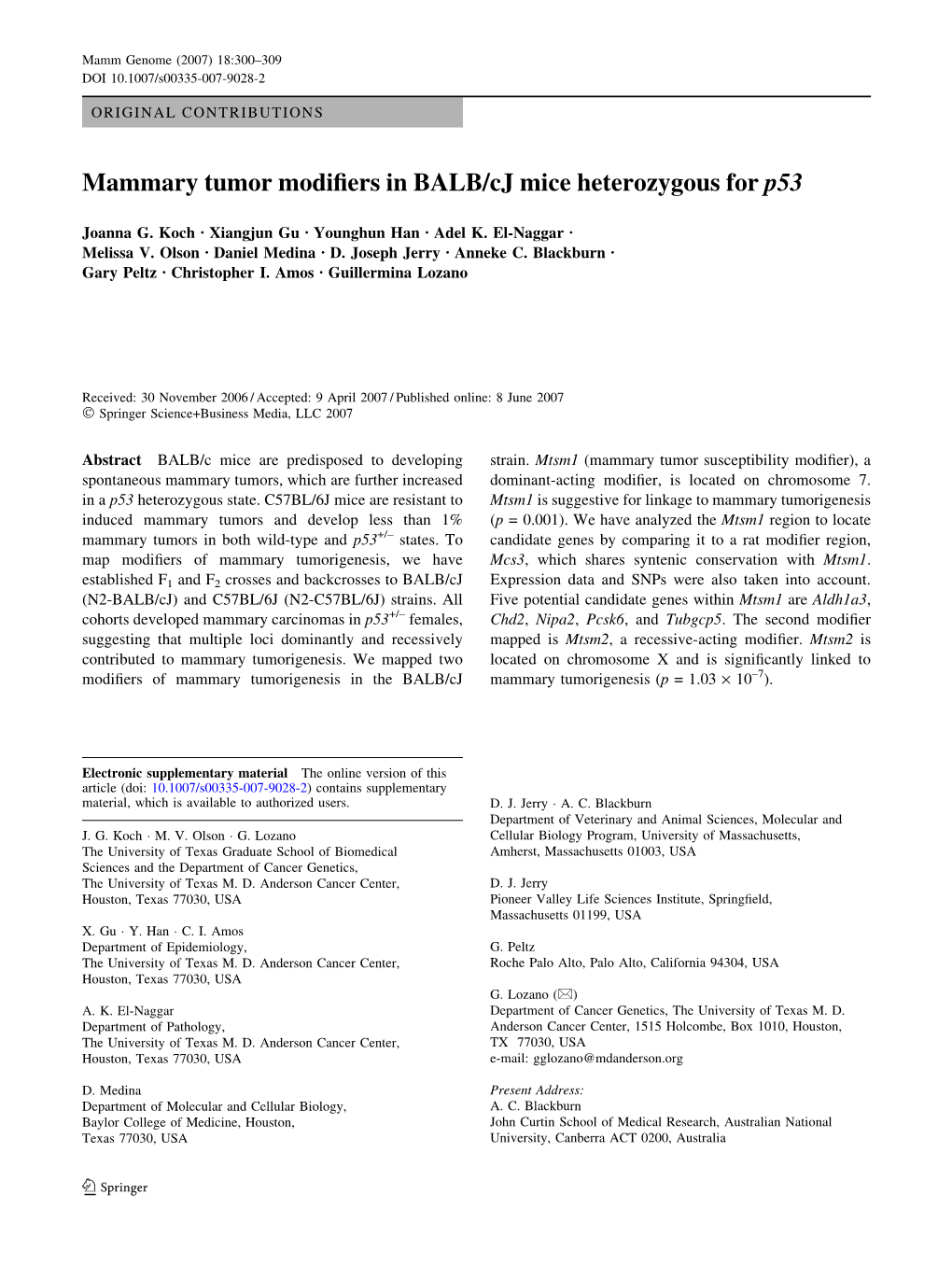 Mammary Tumor Modifiers in BALB/Cj Mice Heterozygous For