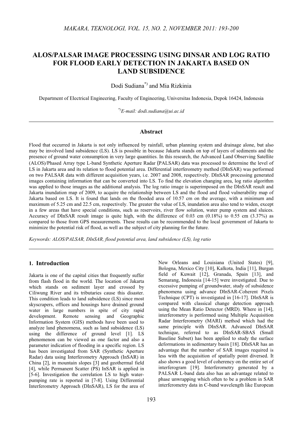 Alos/Palsar Image Processing Using Dinsar and Log Ratio for Flood Early Detection in Jakarta Based on Land Subsidence