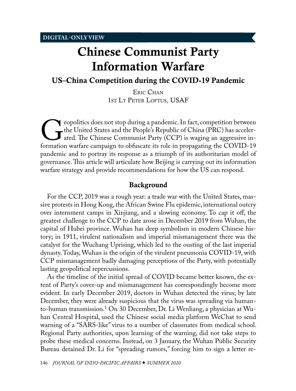 Chinese Communist Party Information Warfare US–China Competition During the COVID-19 Pandemic