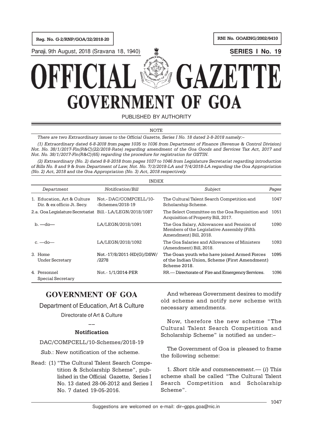 GOVERNMENT of GOA and Whereas Government Desires to Modify Old Scheme and Notify New Scheme with Department of Education, Art & Culture Necessary Amendments