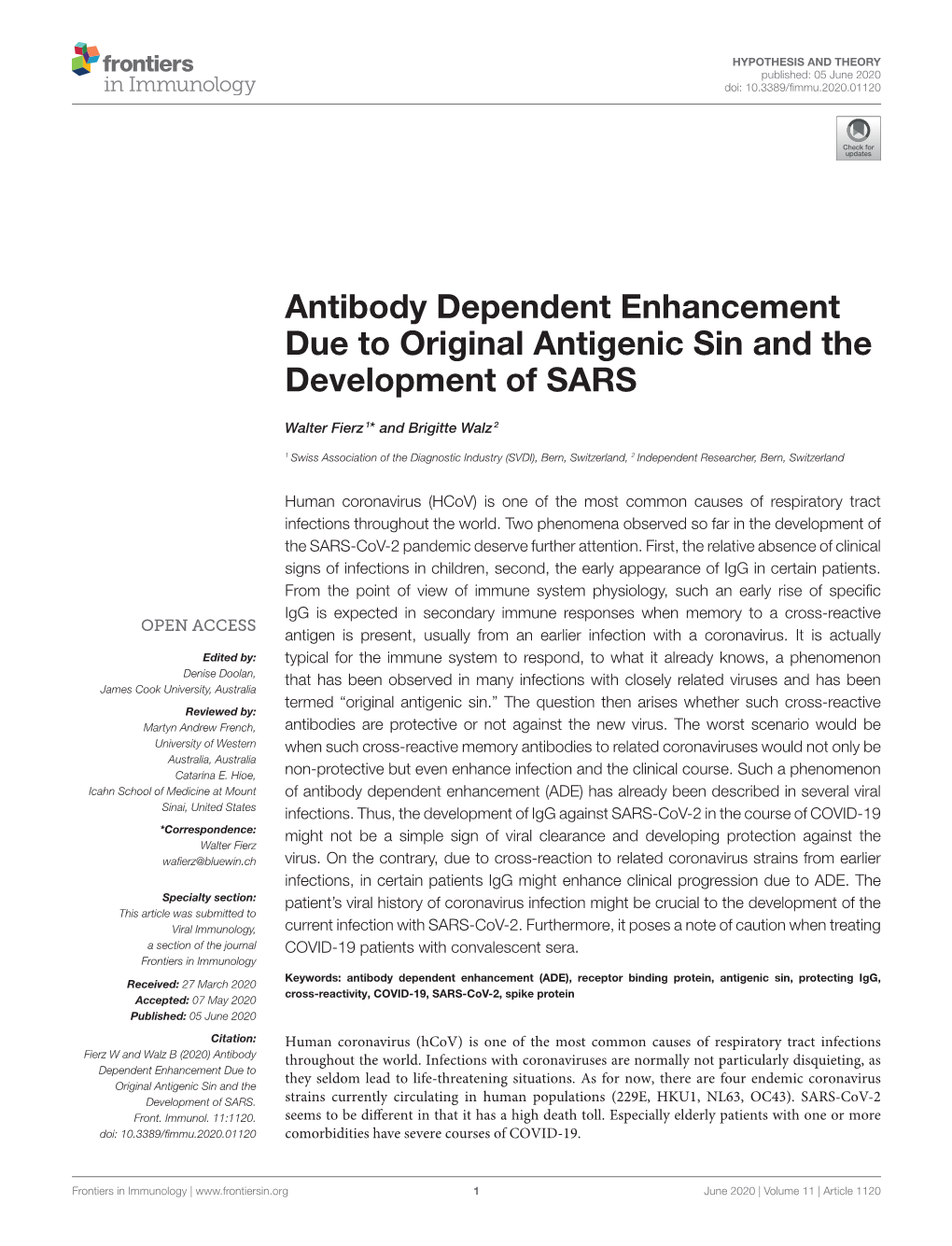 Antibody Dependent Enhancement Due to Original Antigenic Sin and the Development of SARS