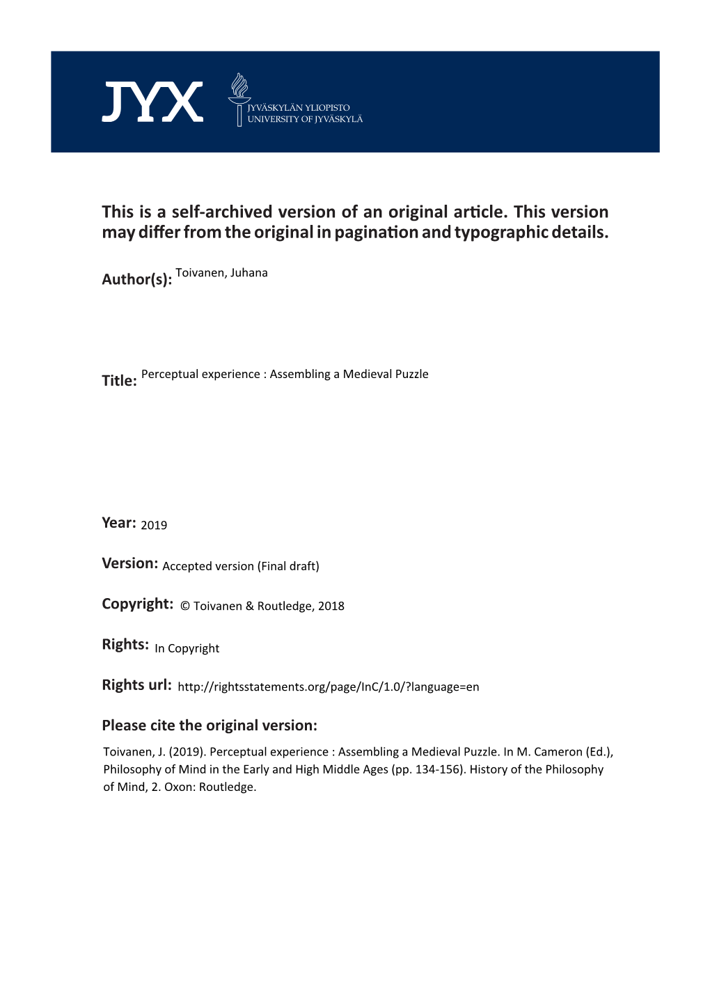 Toivanen Perceptual Experience Finalsubmitted.Pdf