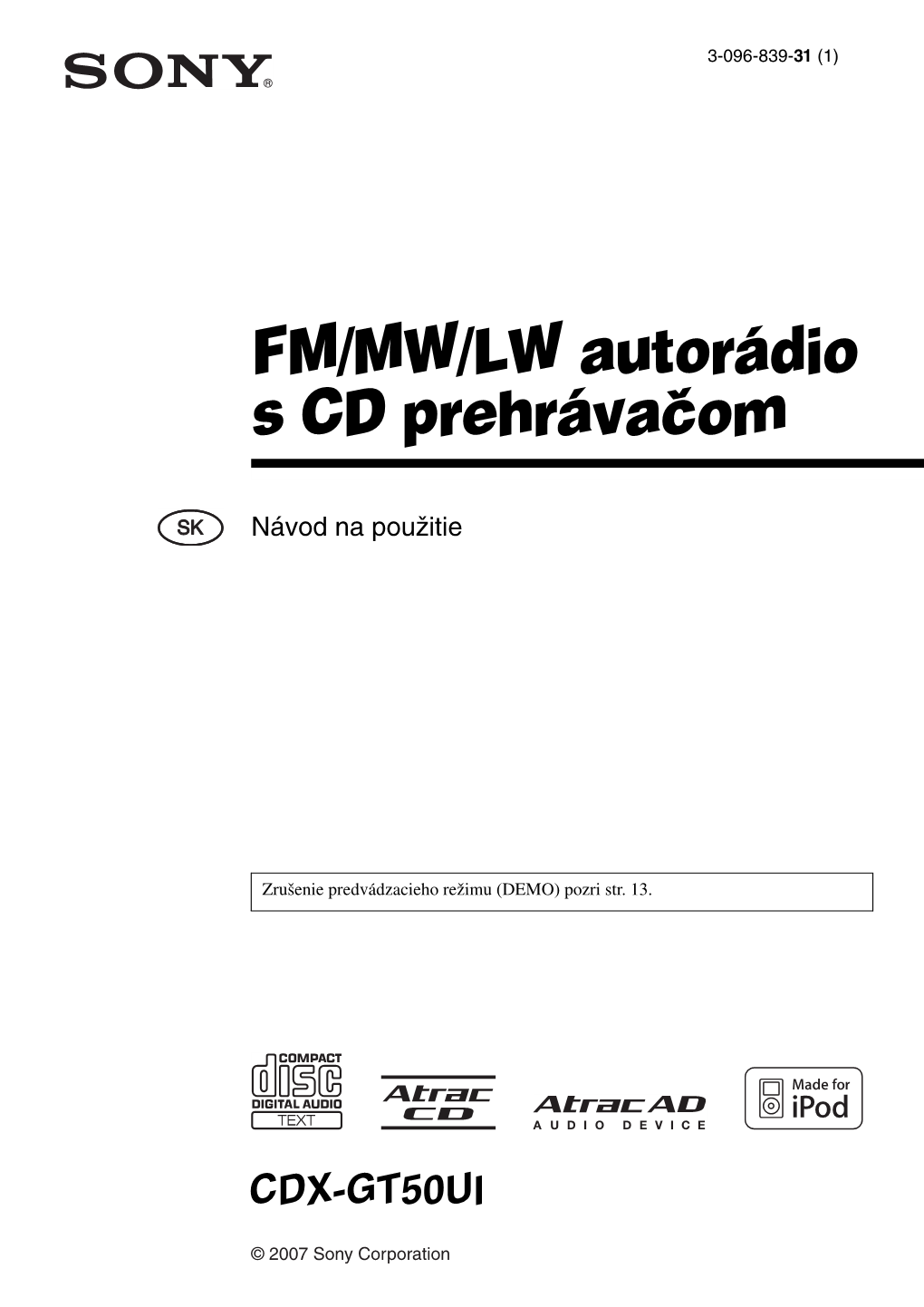 FM/MW/LW Autorádio S CD Prehrávačom