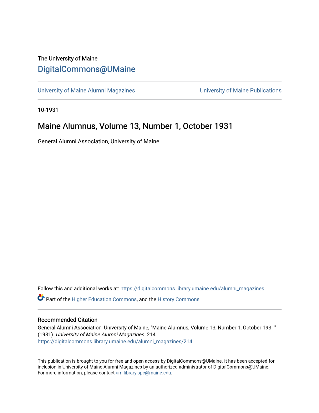 Maine Alumnus, Volume 13, Number 1, October 1931