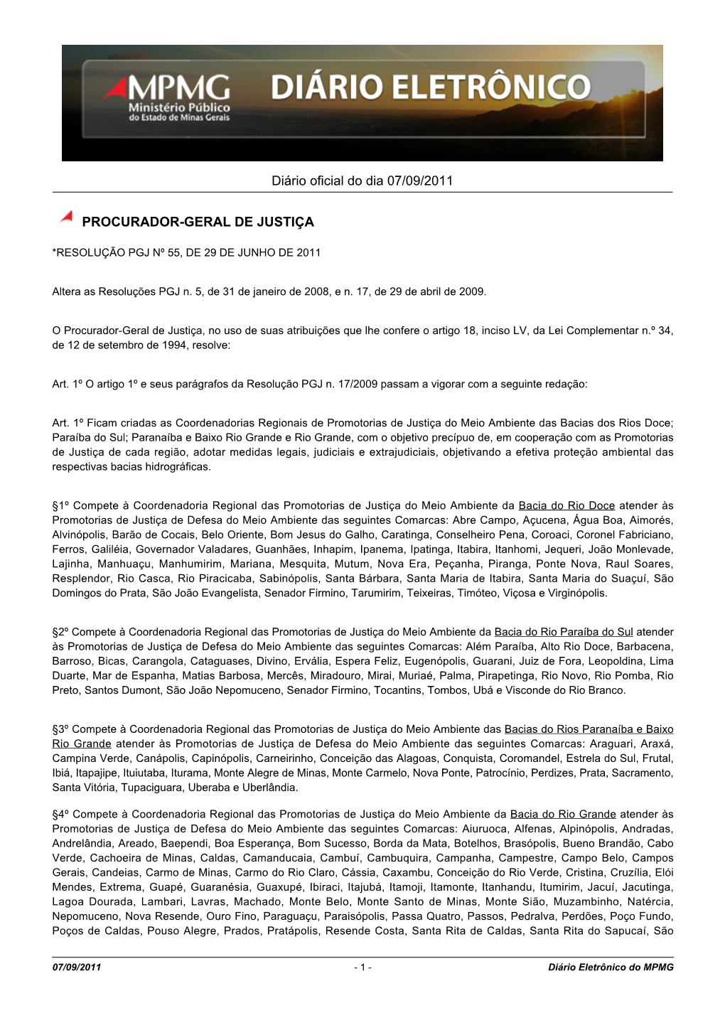 Diário Oficial Do Dia 07/09/2011 PROCURADOR-GERAL DE JUSTIÇA