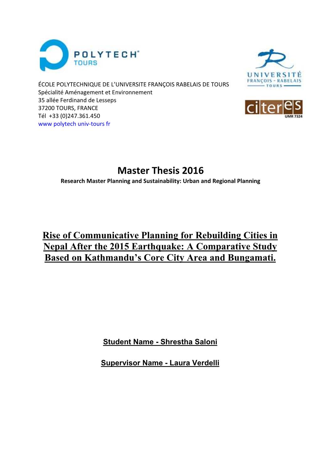 Master Thesis 2016 Research Master Planning and Sustainability: Urban and Regional Planning