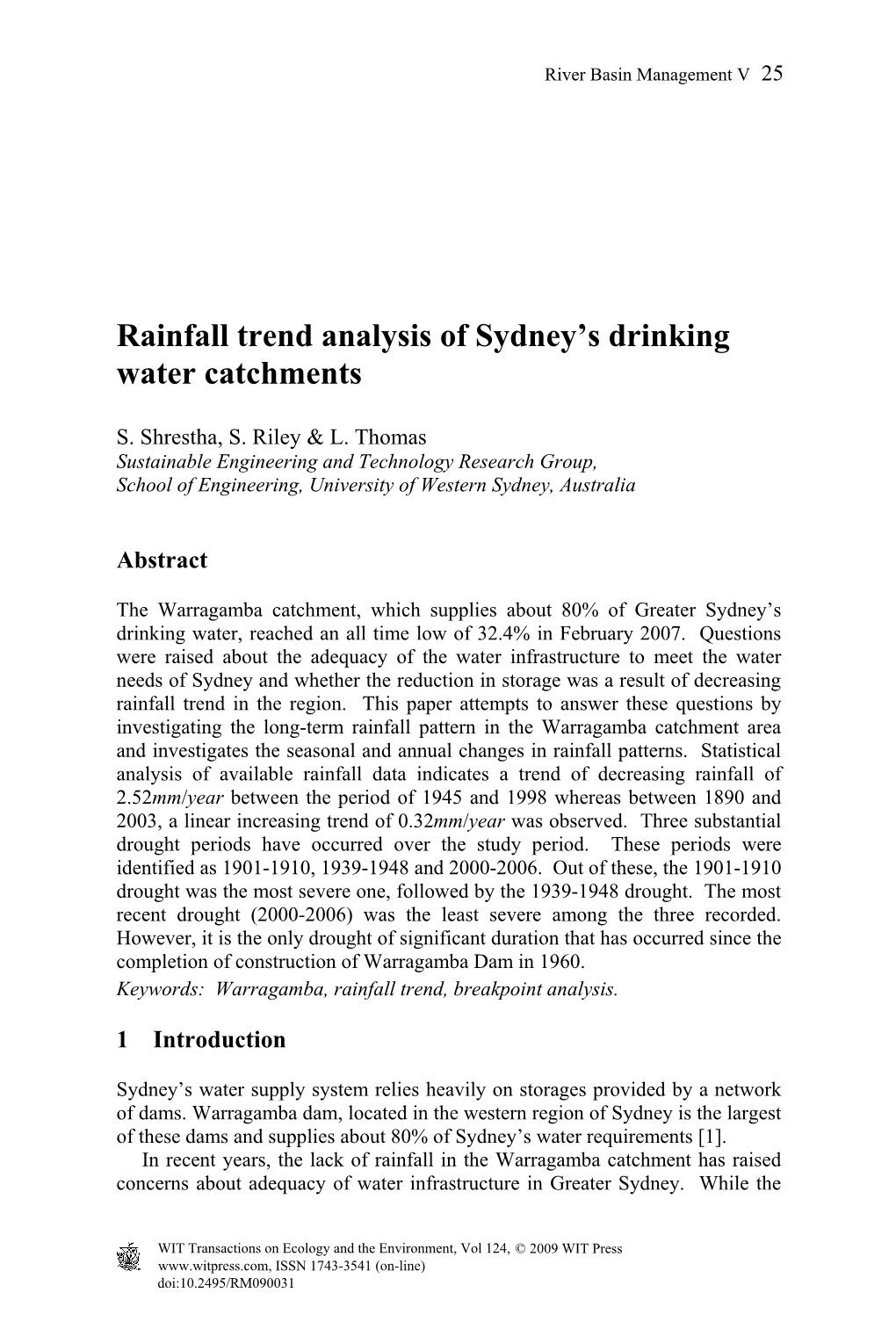Rainfall Trend Analysis of Sydney's Drinking Water Catchments
