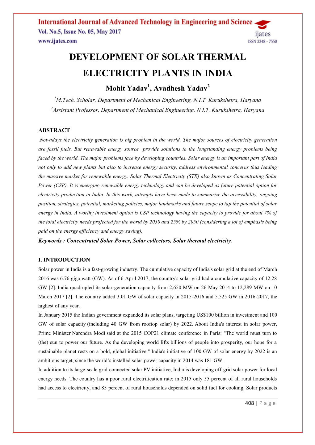 DEVELOPMENT of SOLAR THERMAL ELECTRICITY PLANTS in INDIA Mohit Yadav1, Avadhesh Yadav2 1M.Tech