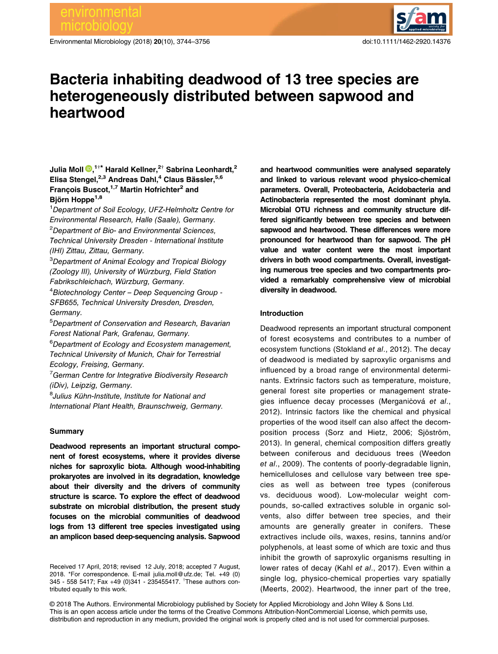 Bacteria Inhabiting Deadwood of 13 Tree Species Are Heterogeneously Distributed Between Sapwood and Heartwood