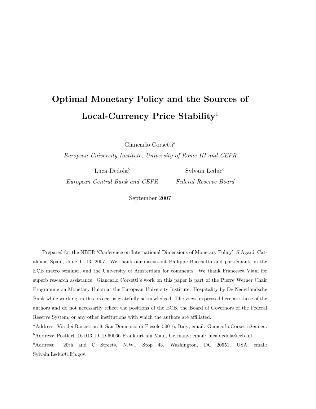 Optimal Monetary Policy and the Sources of Local'currency Price Stability1