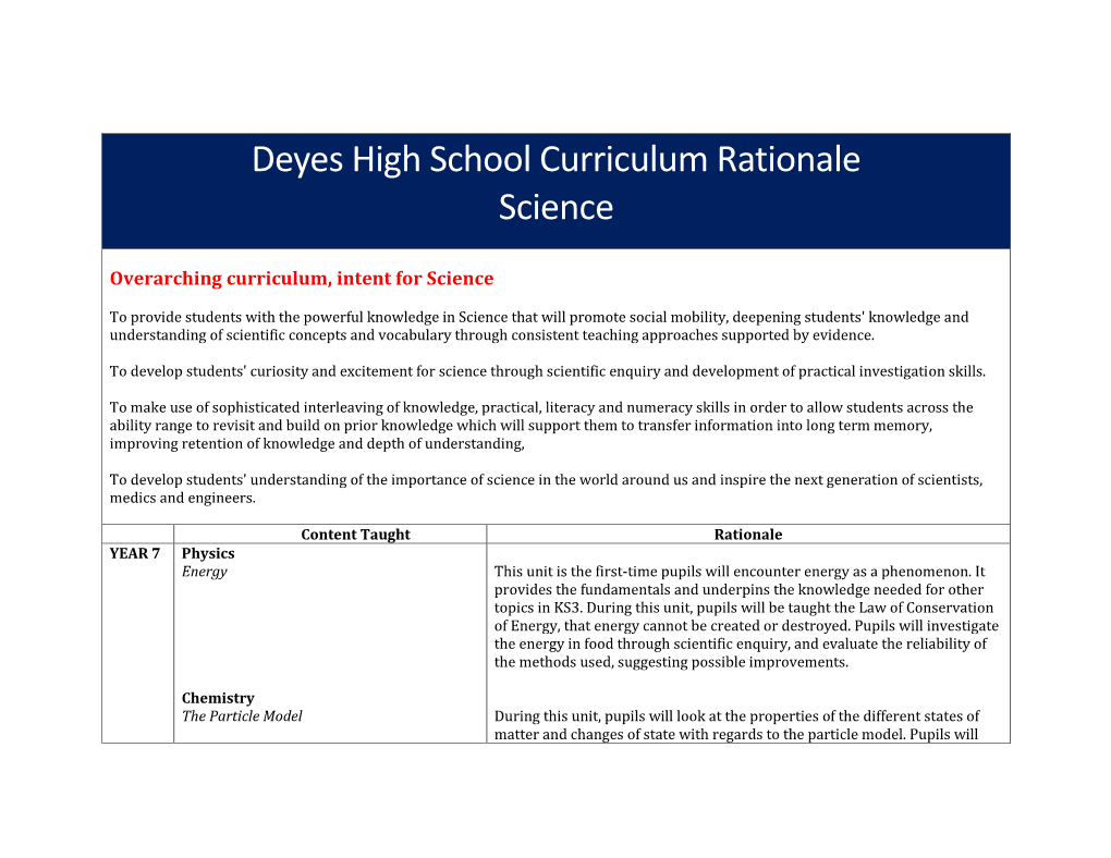 Deyes High School Curriculum Rationale Science