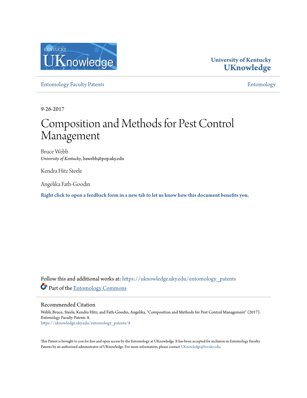 Composition and Methods for Pest Control Management Bruce Webb University of Kentucky, Bawebb@Pop.Uky.Edu