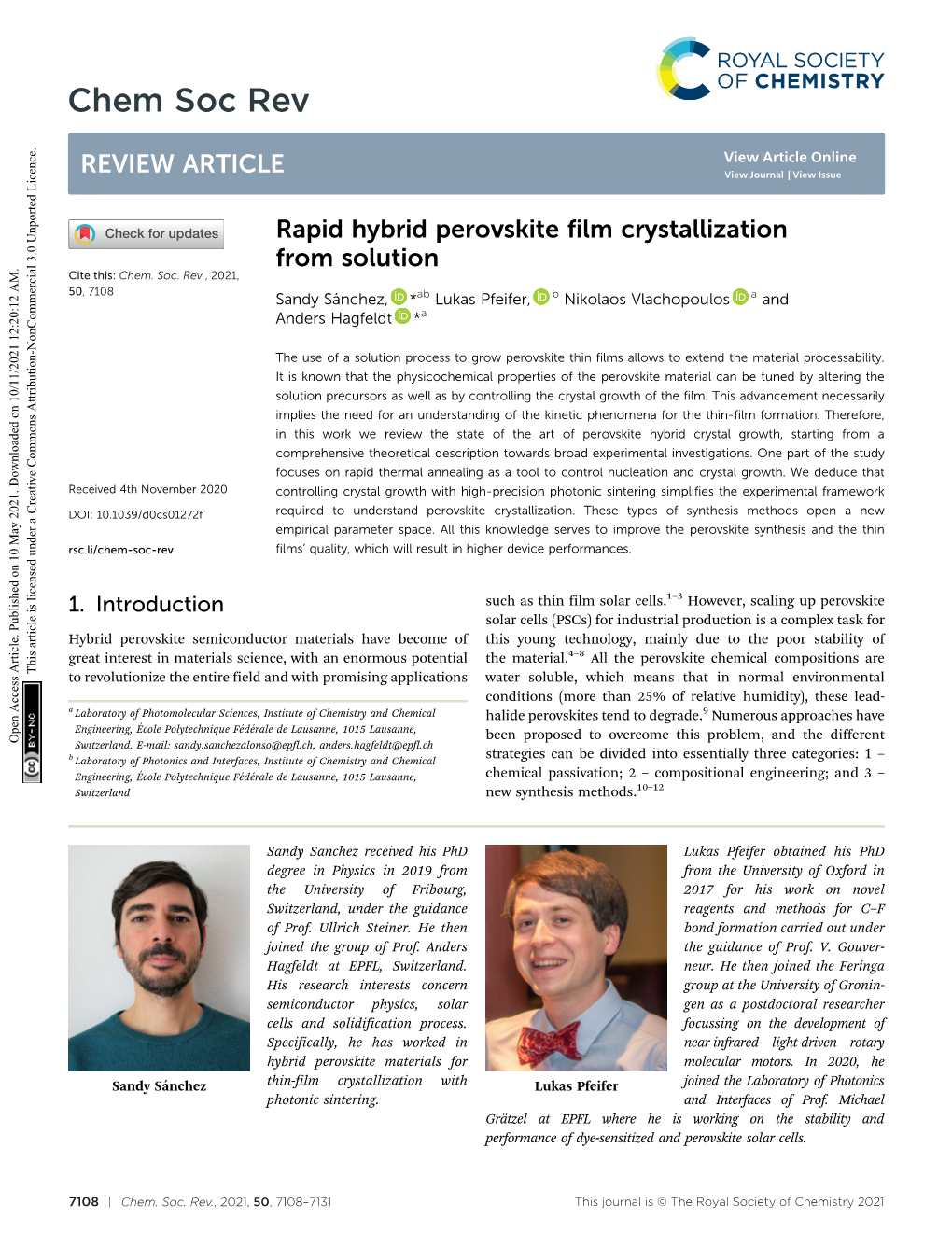 Rapid Hybrid Perovskite Film Crystallization from Solution Cite This: Chem