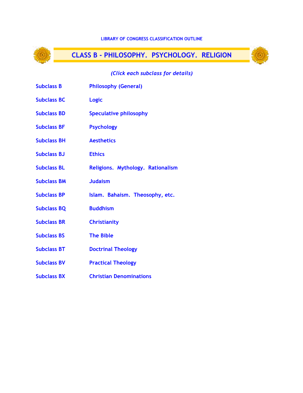 Library of Congress Classification Outline: Class B