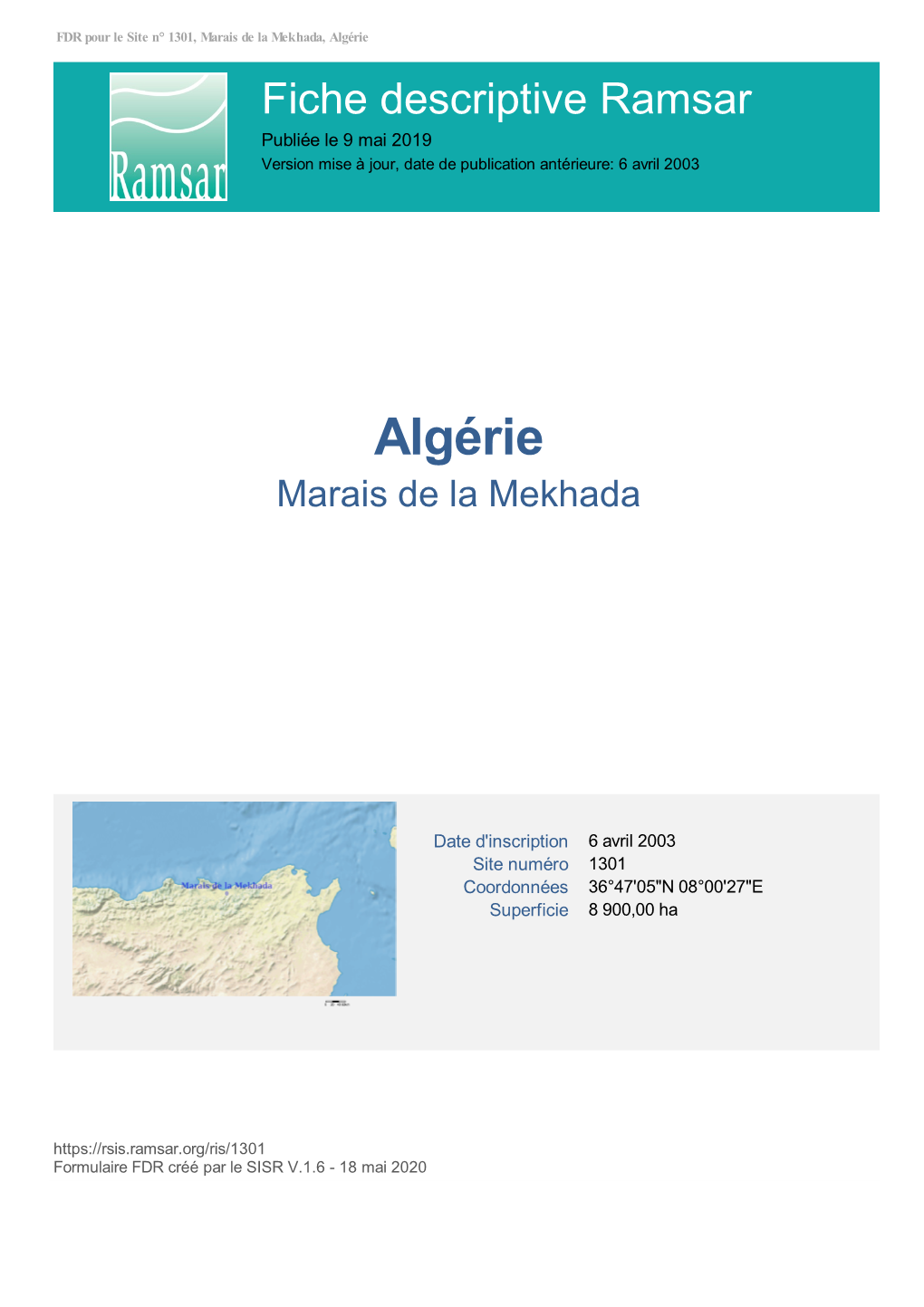 Algérie Fiche Descriptive Ramsar Publiée Le 9 Mai 2019 Version Mise À Jour, Date De Publication Antérieure: 6 Avril 2003