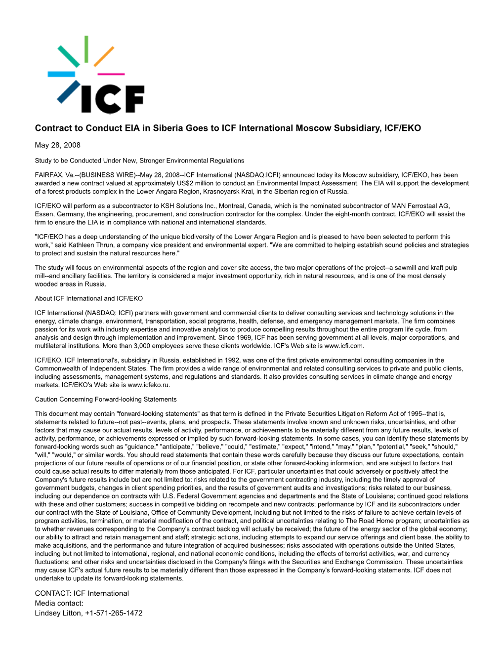 Contract to Conduct EIA in Siberia Goes to ICF International Moscow Subsidiary, ICF/EKO