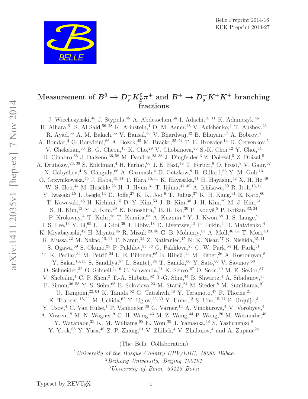 Arxiv:1411.2035V1 [Hep-Ex] 7 Nov 2014 Yee Yrevt by Typeset .Drutskoy, A