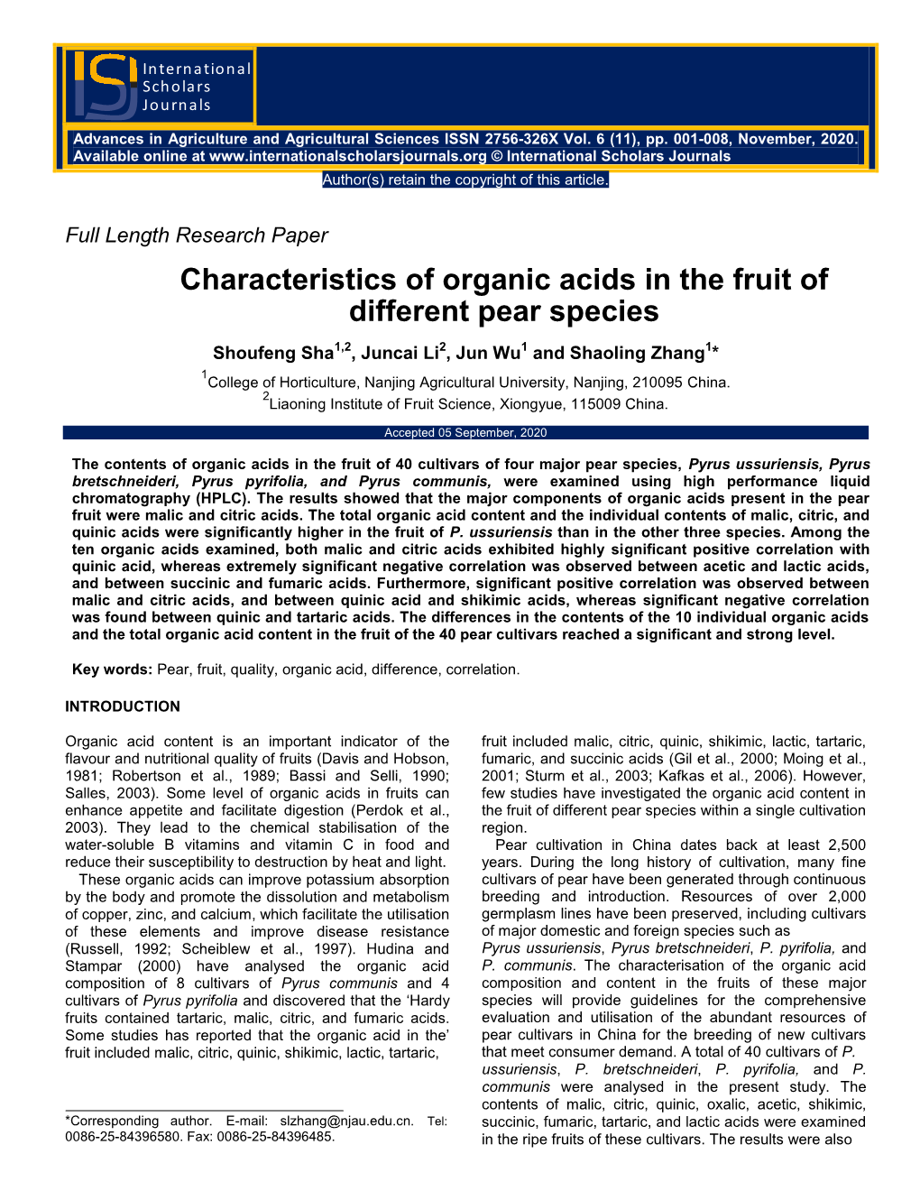 Characteristics of Organic Acids in the Fruit of Different Pear Species