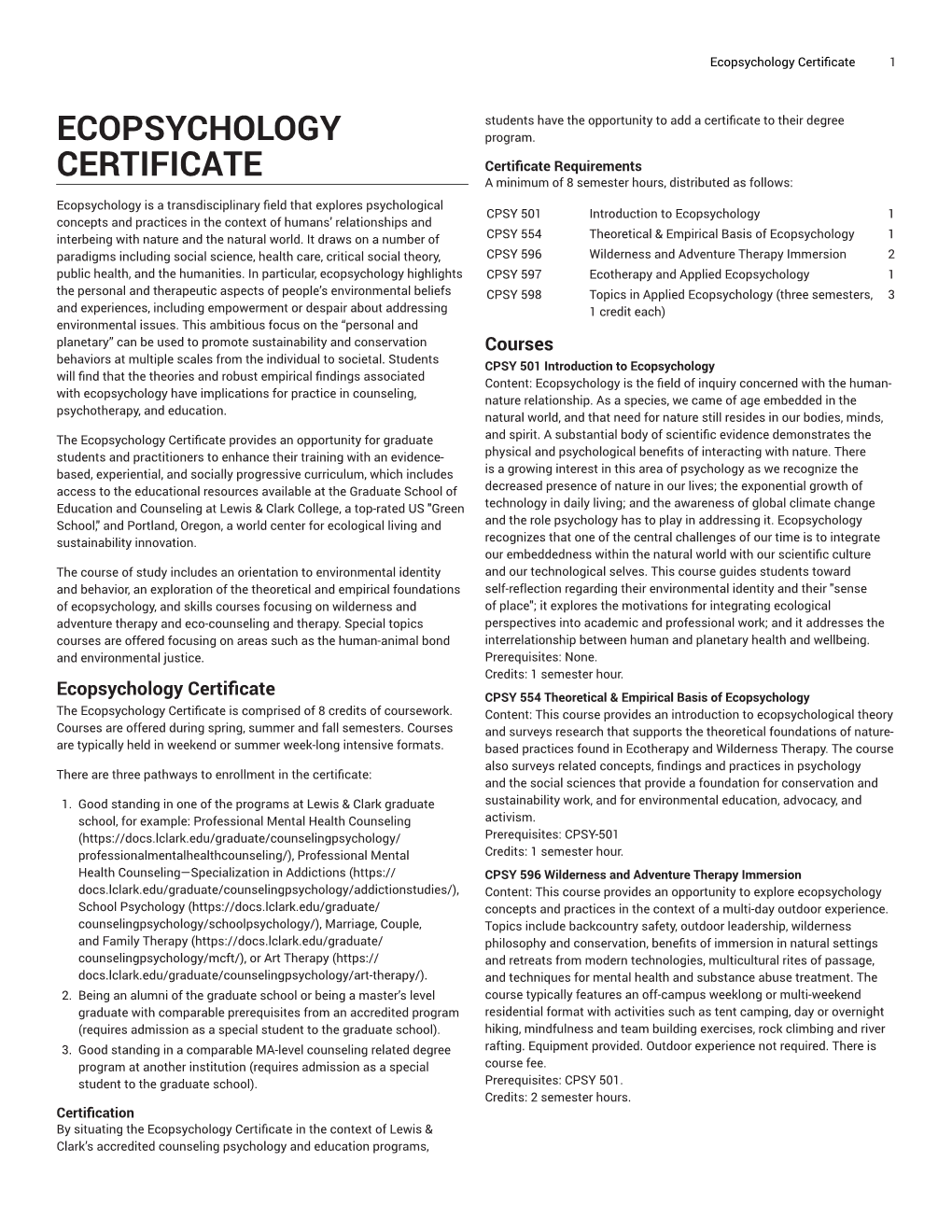 Ecopsychology Certificate