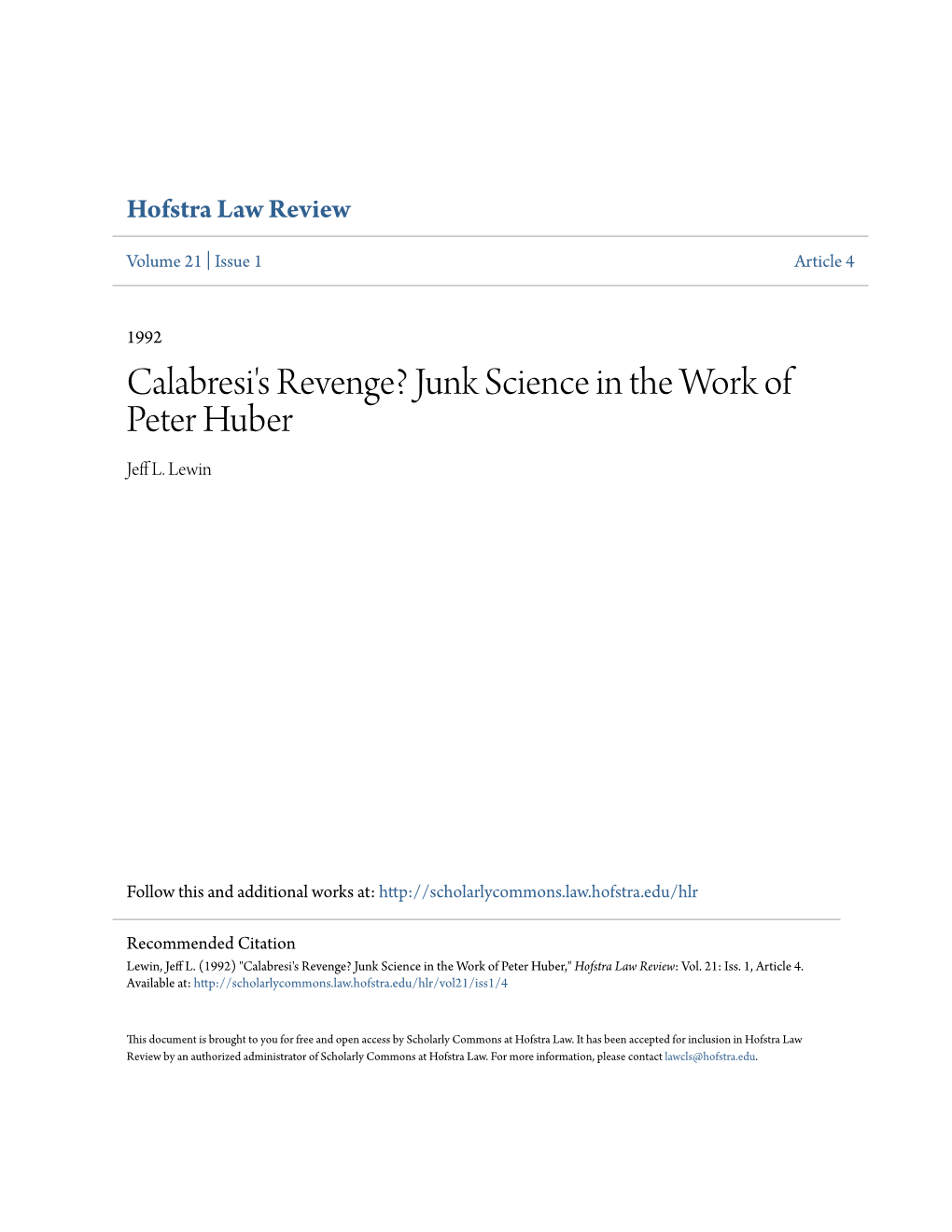 Calabresi's Revenge? Junk Science in the Work of Peter Huber Jeff L