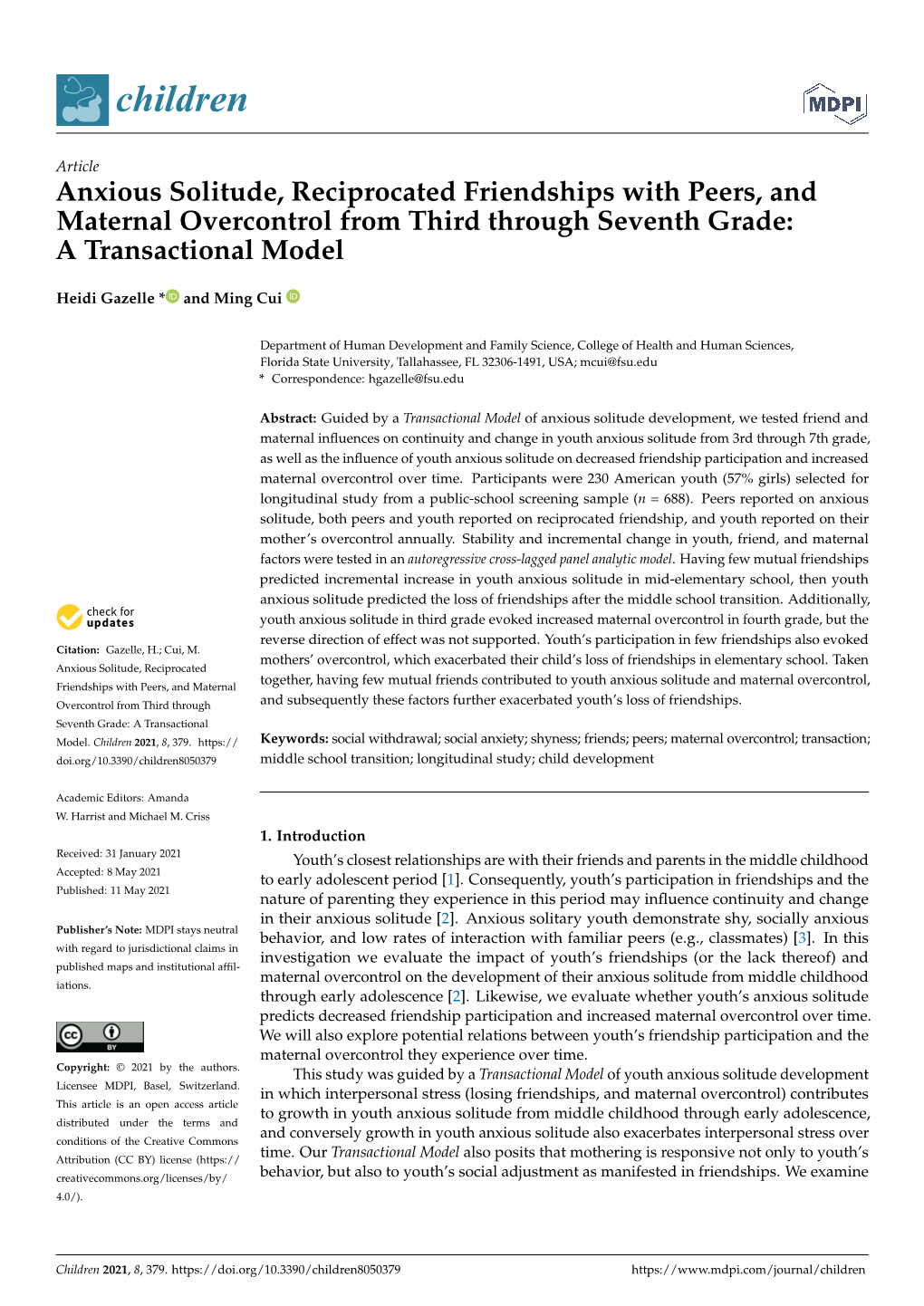 Anxious Solitude, Reciprocated Friendships with Peers, and Maternal Overcontrol from Third Through Seventh Grade: a Transactional Model