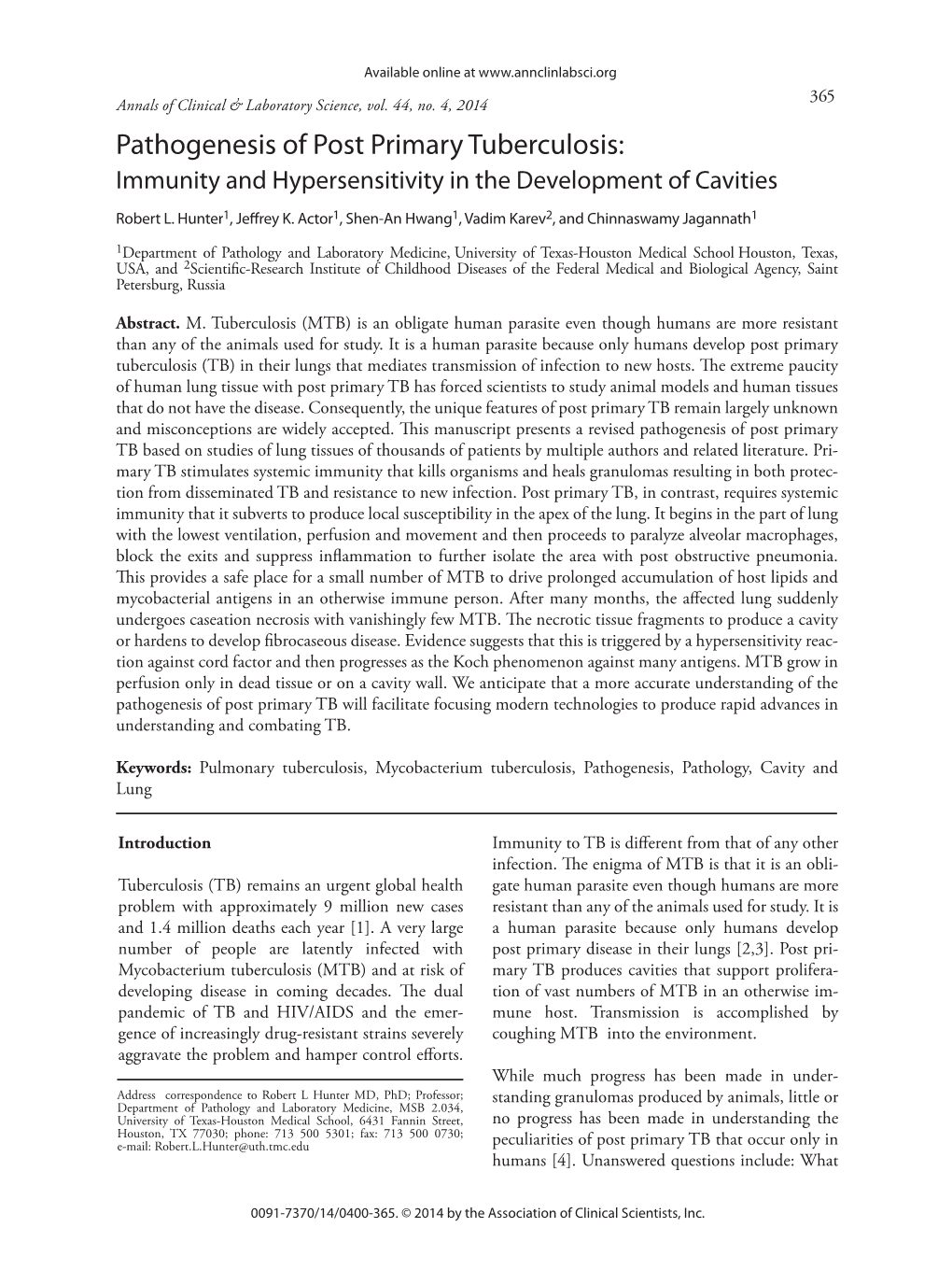 Pathogenesis of Post Primary Tuberculosis: Immunity and Hypersensitivity in the Development of Cavities