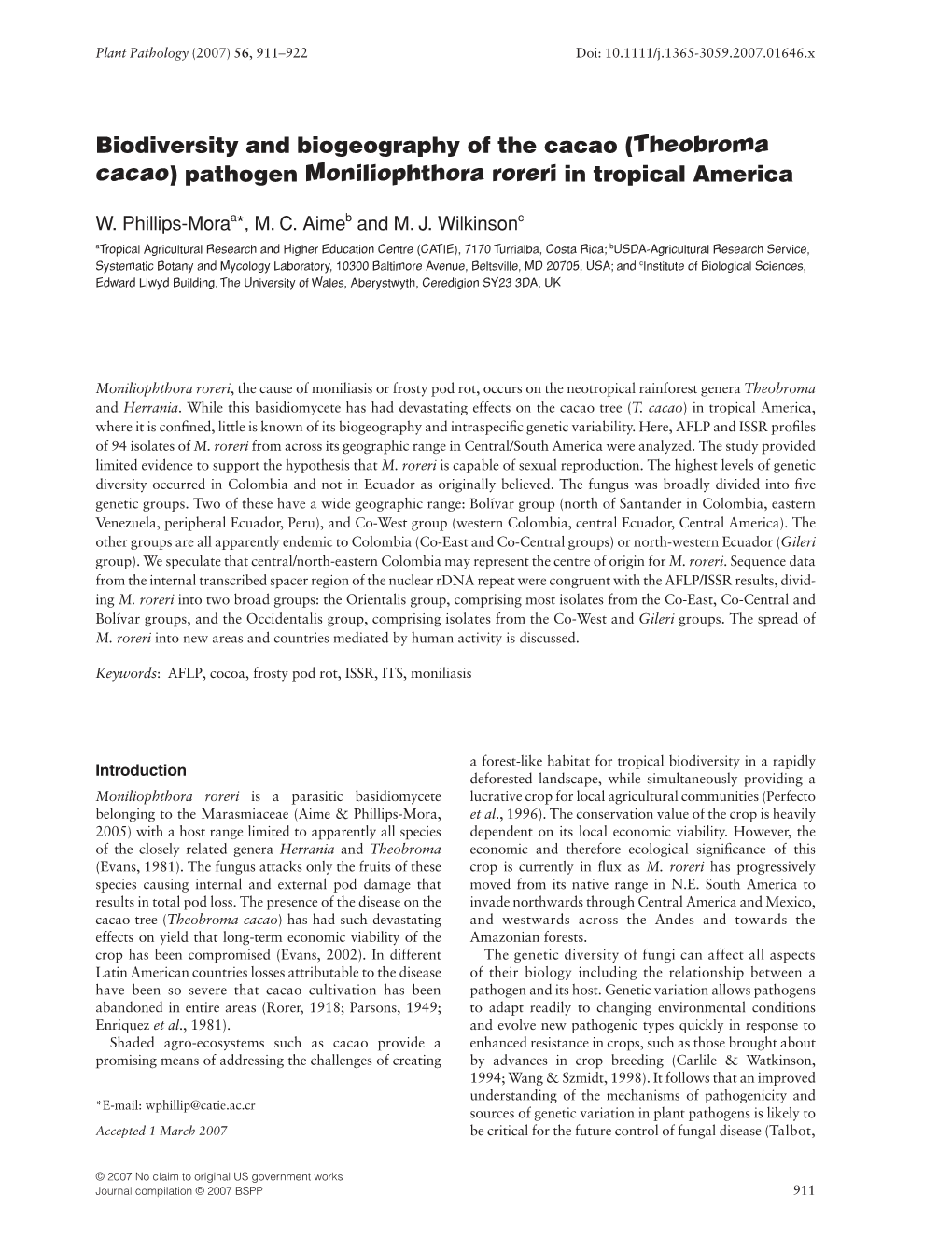 (Theobroma Cacao) Pathogen Moniliophthora Roreri in Tropical America