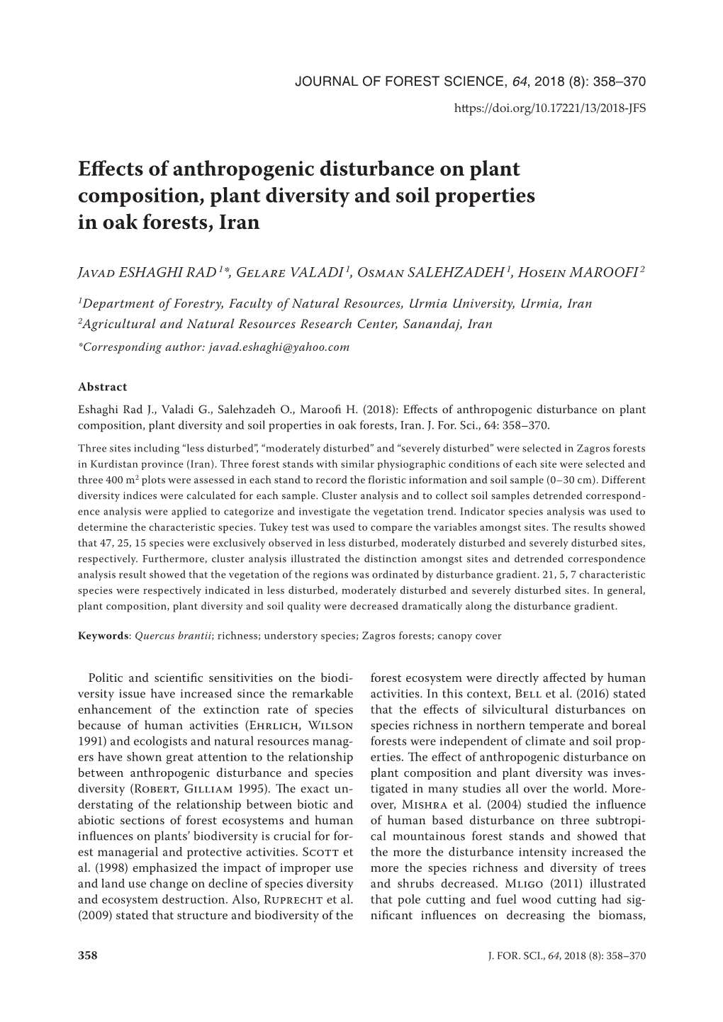 Effects of Anthropogenic Disturbance on Plant Composition, Plant Diversity and Soil Properties in Oak Forests, Iran