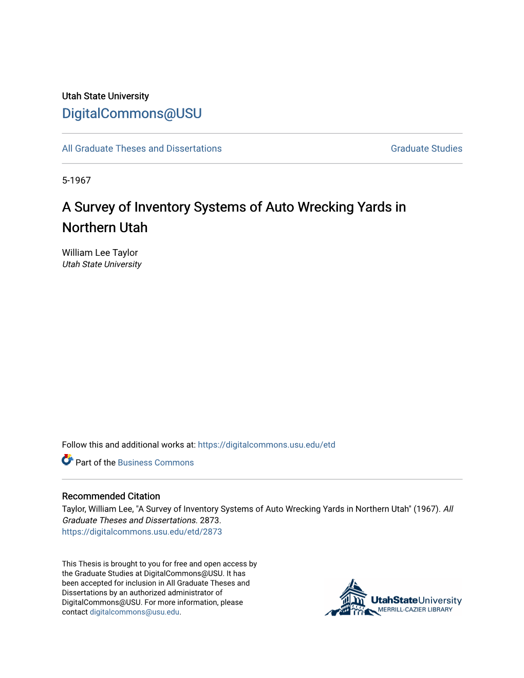 A Survey of Inventory Systems of Auto Wrecking Yards in Northern Utah