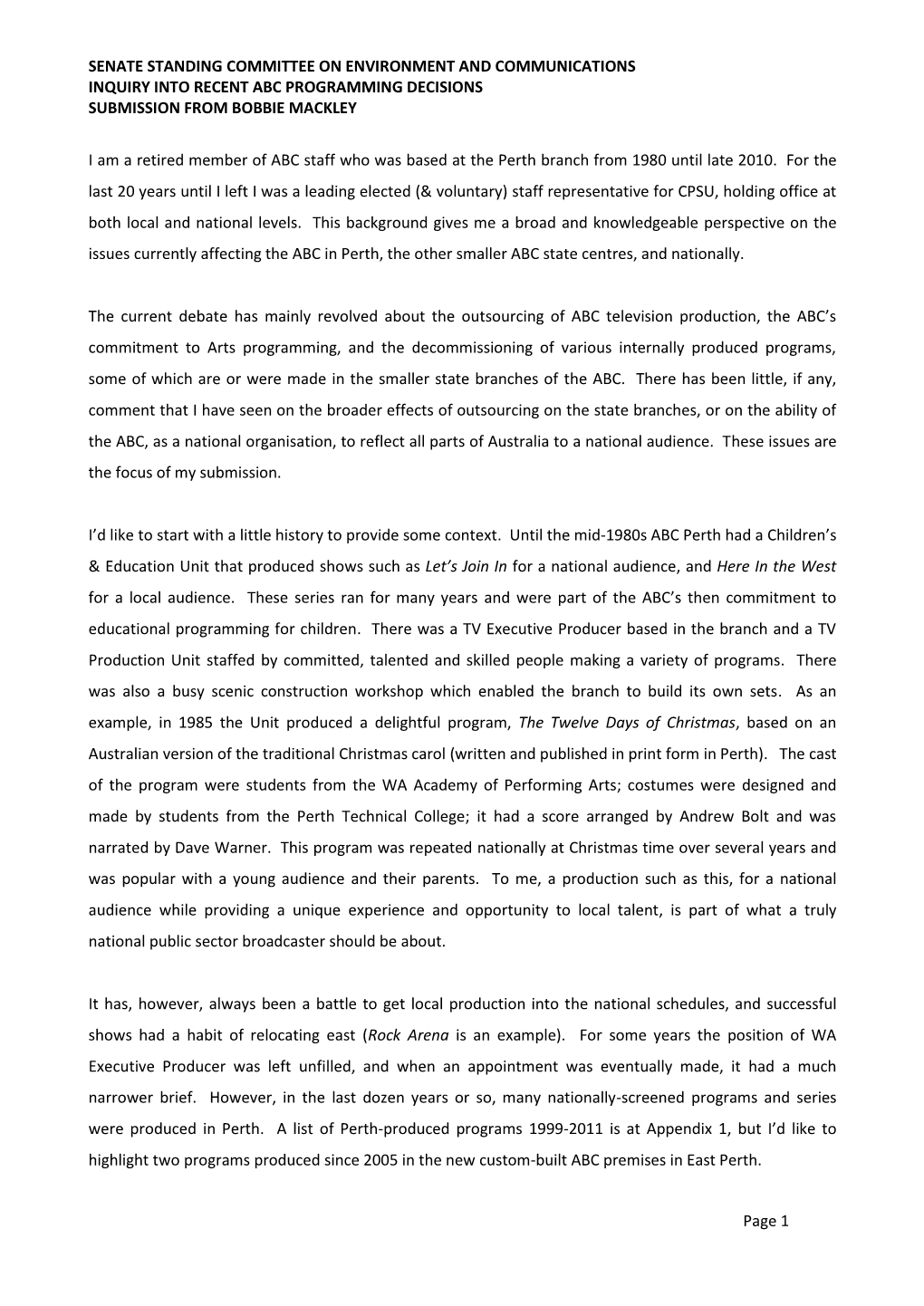 Senate Standing Committee on Environment and Communications Inquiry Into Recent Abc Programming Decisions Submission from Bobbie Mackley