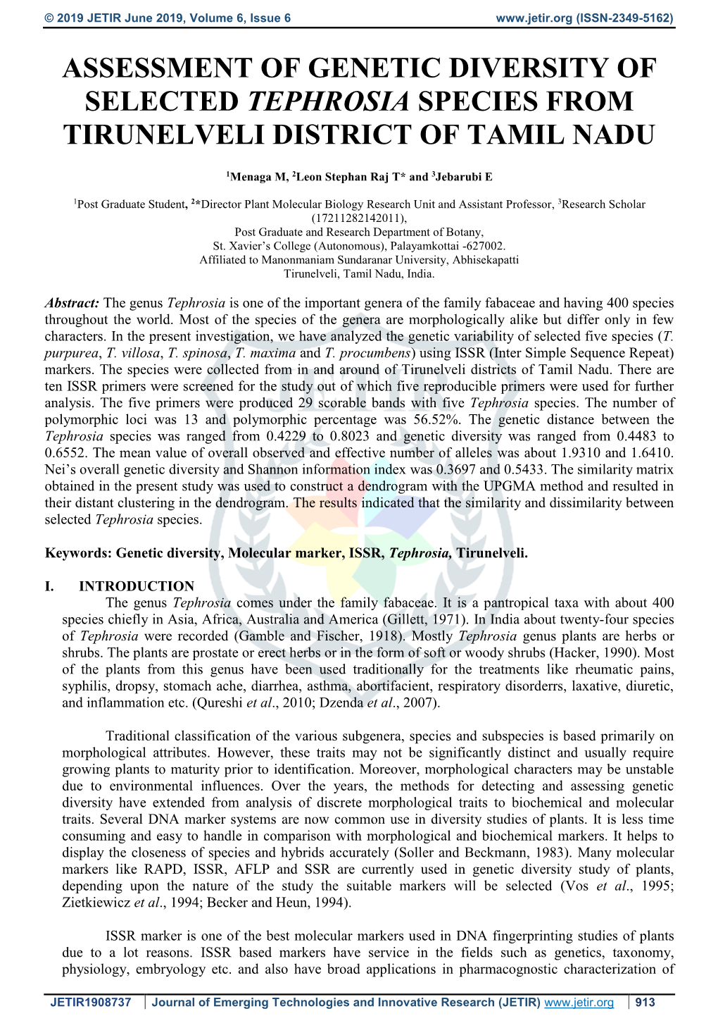 Assessment of Genetic Diversity of Selected Tephrosia Species from Tirunelveli District of Tamil Nadu