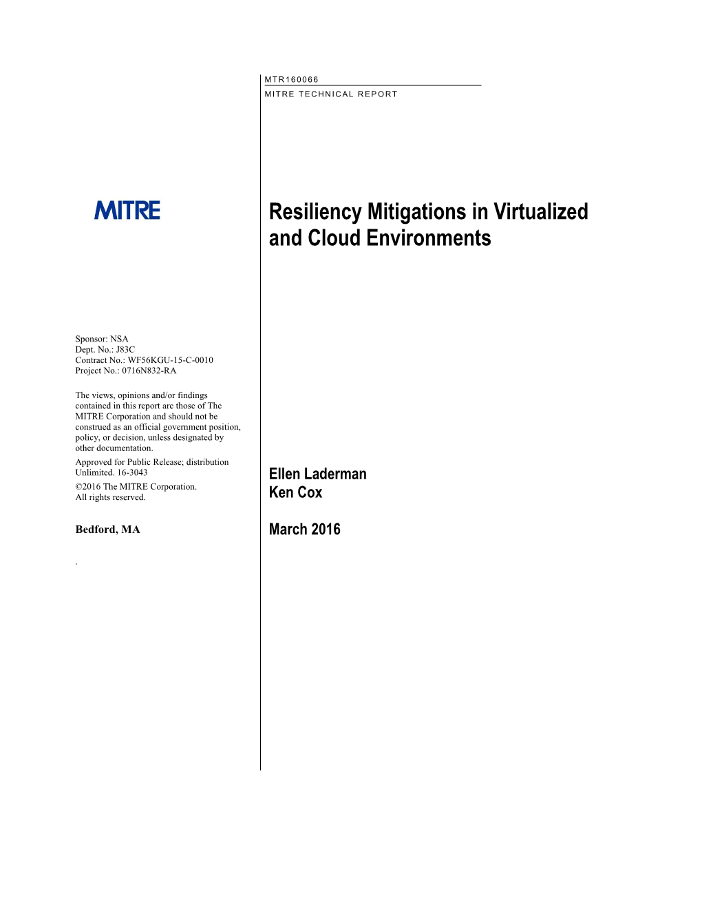 Resiliency Mitigations in Virtualized and Cloud Environment