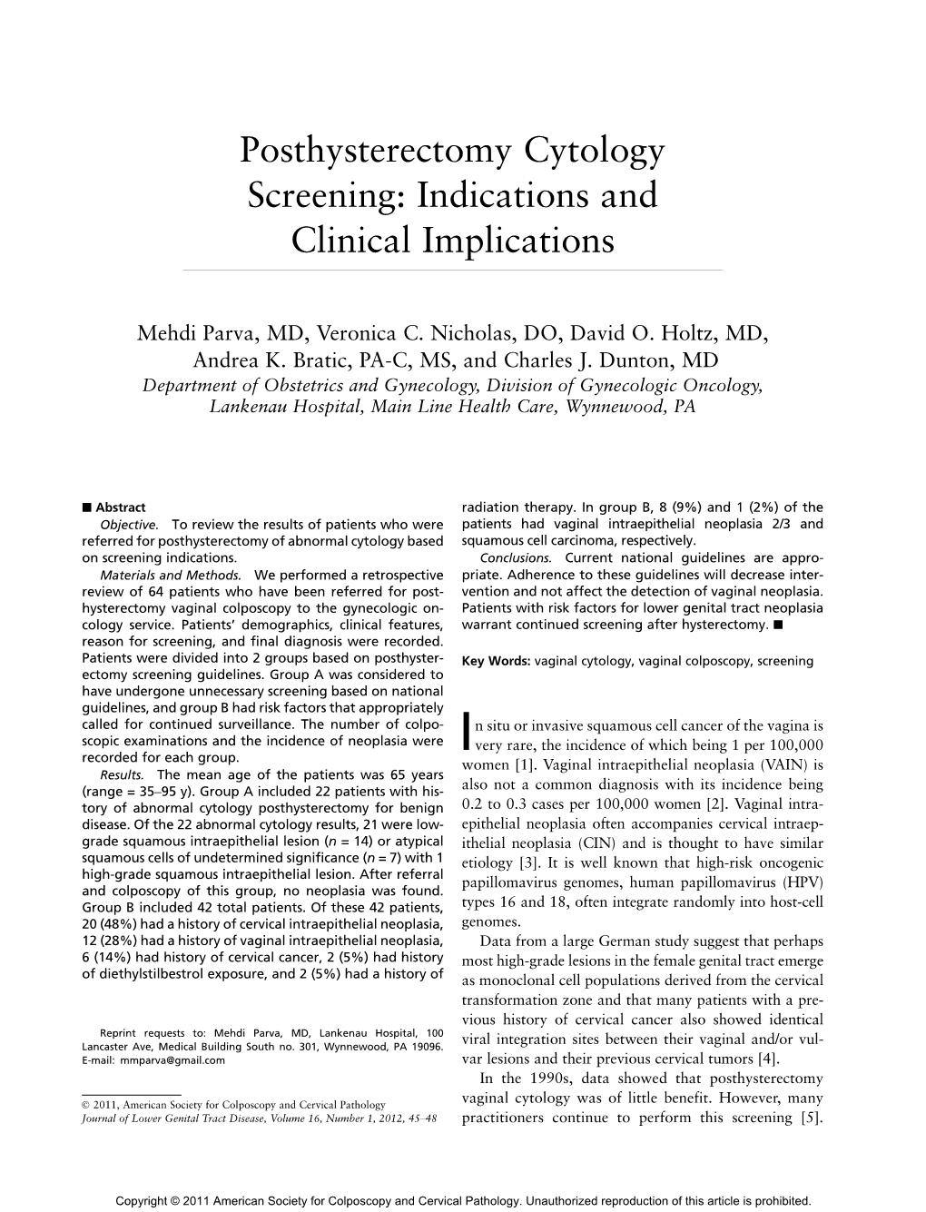 Posthysterectomy Cytology Screening: Indications and Clinical Implications